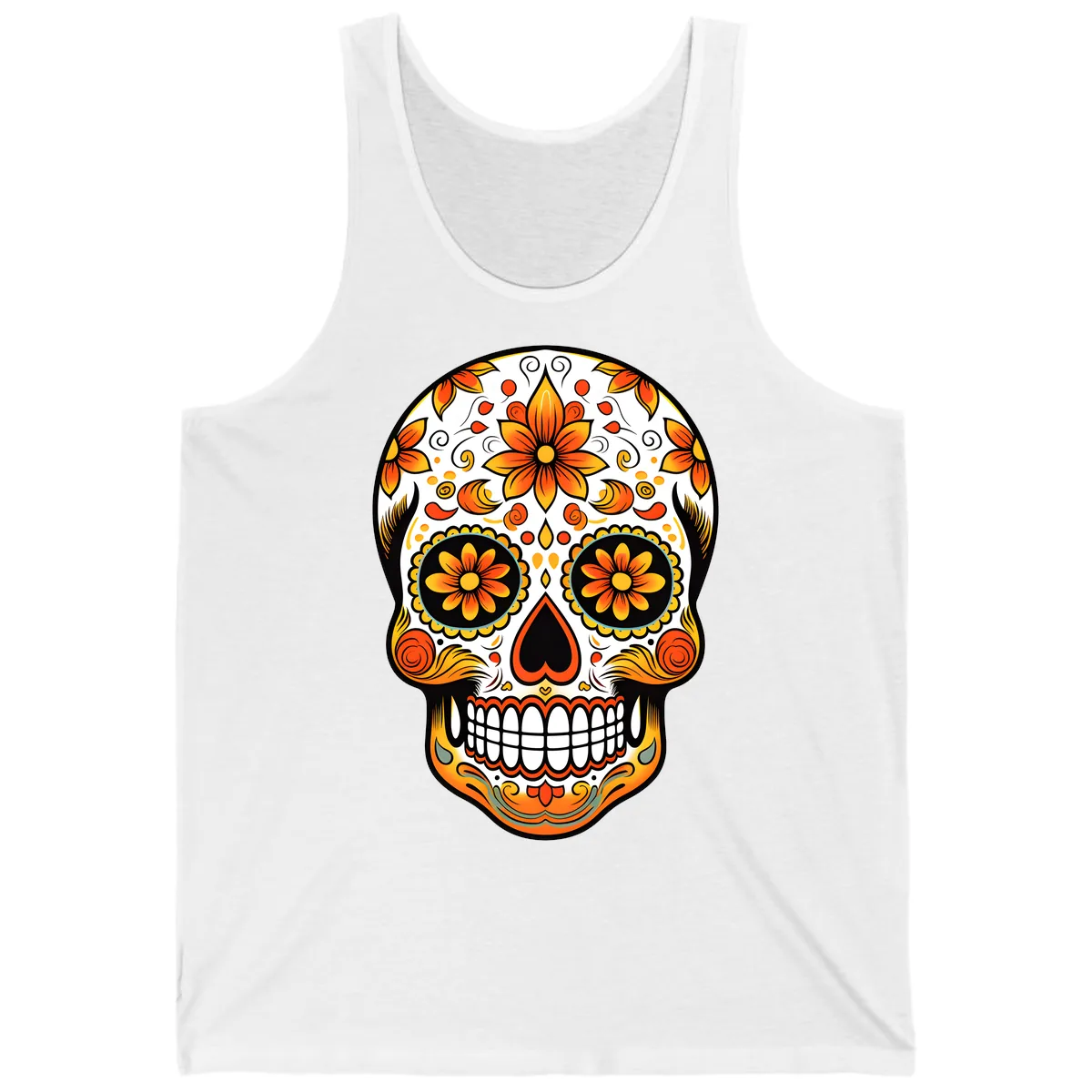 Ornate Marigold Sugar Skull Calavera Tank in White