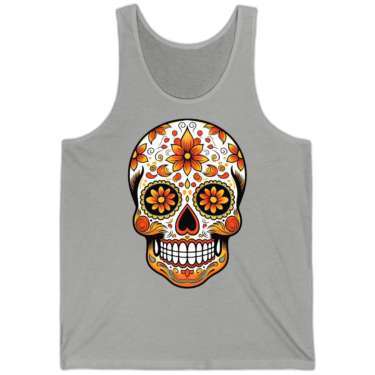 Ornate Marigold Sugar Skull Calavera Tank in Athletic Heather