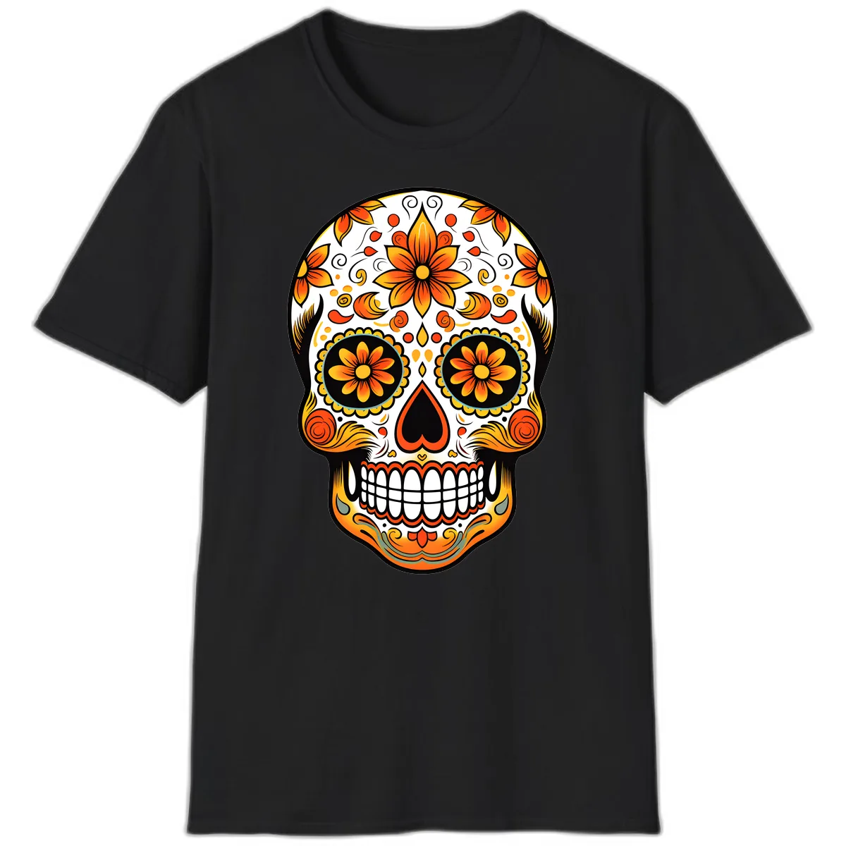 Ornate Marigold Sugar Skull Calavera T-Shirt in Black