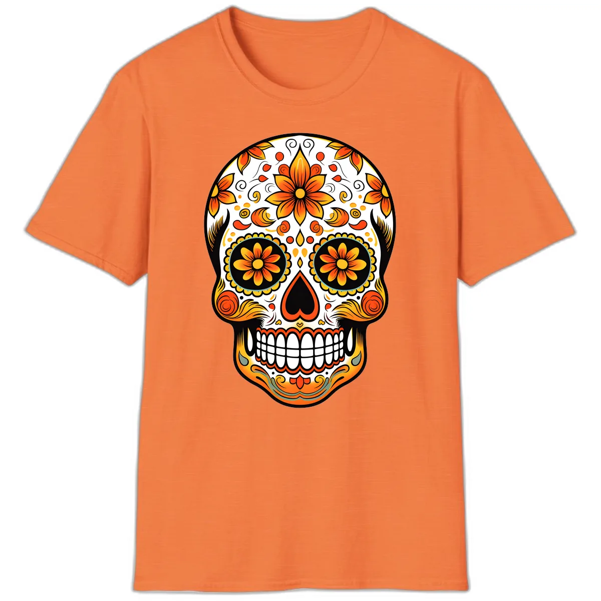 Ornate Marigold Sugar Skull Calavera T-Shirt in Heather Orange