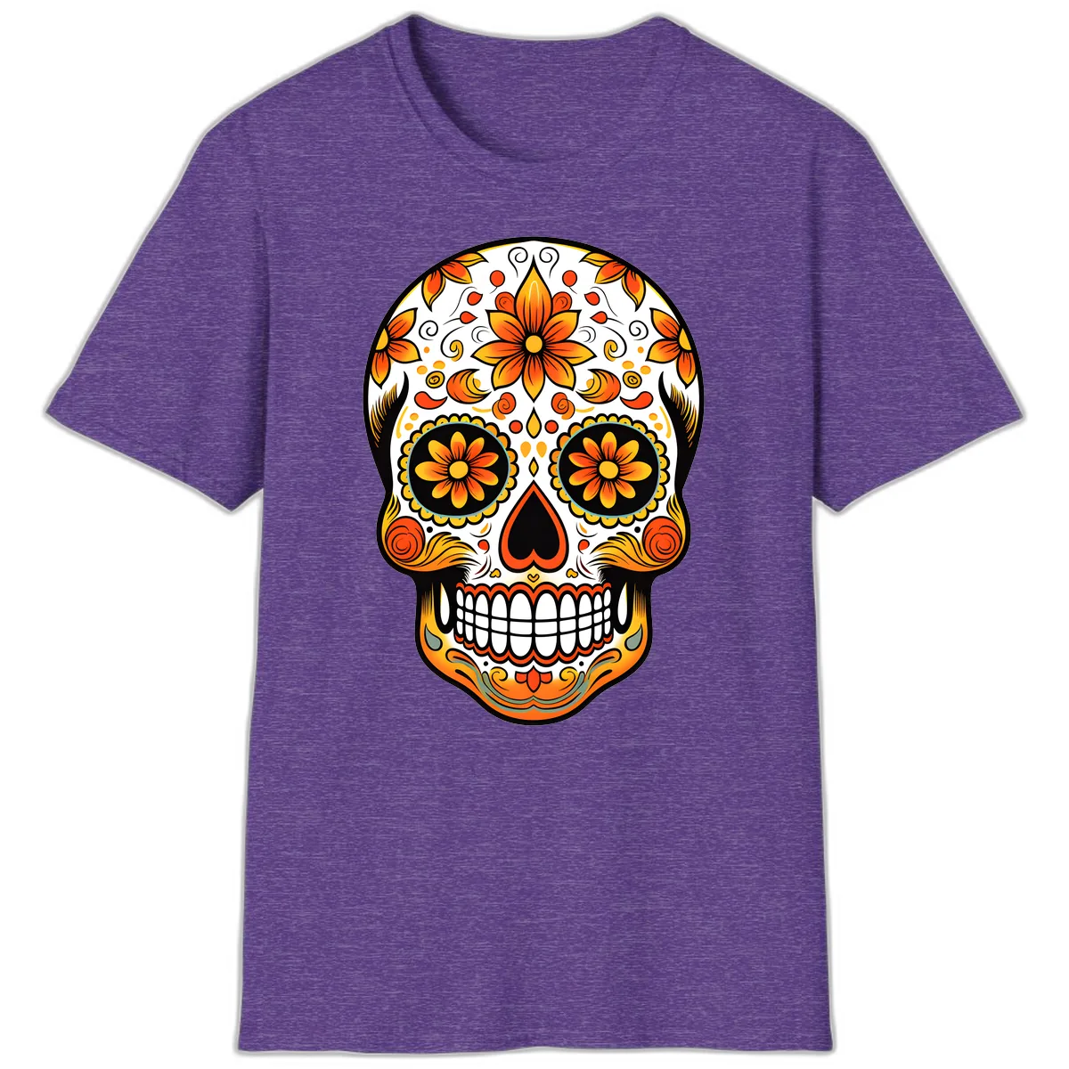 Ornate Marigold Sugar Skull Calavera T-Shirt in Heather Purple