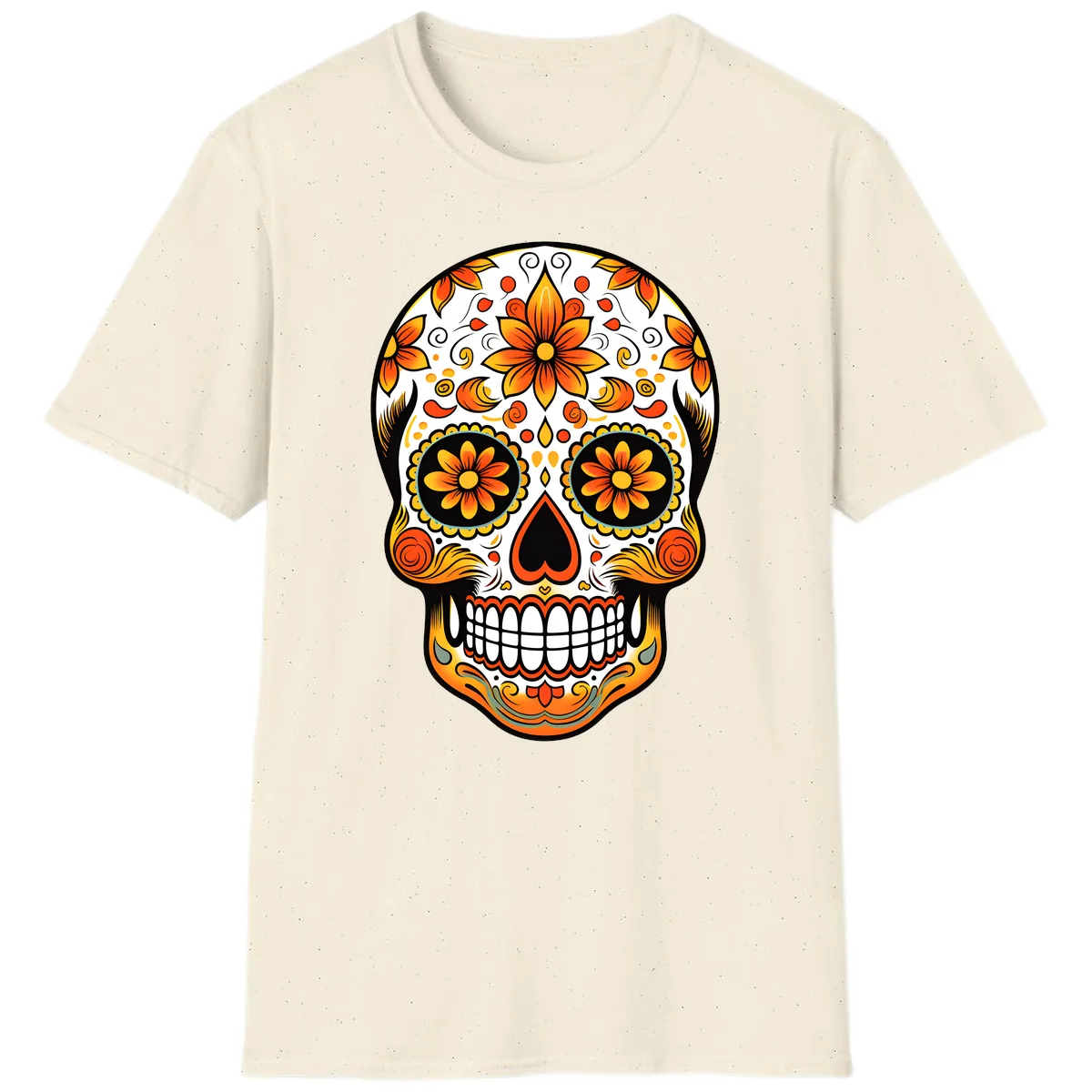 Ornate Marigold Sugar Skull Calavera T-Shirt in Natural