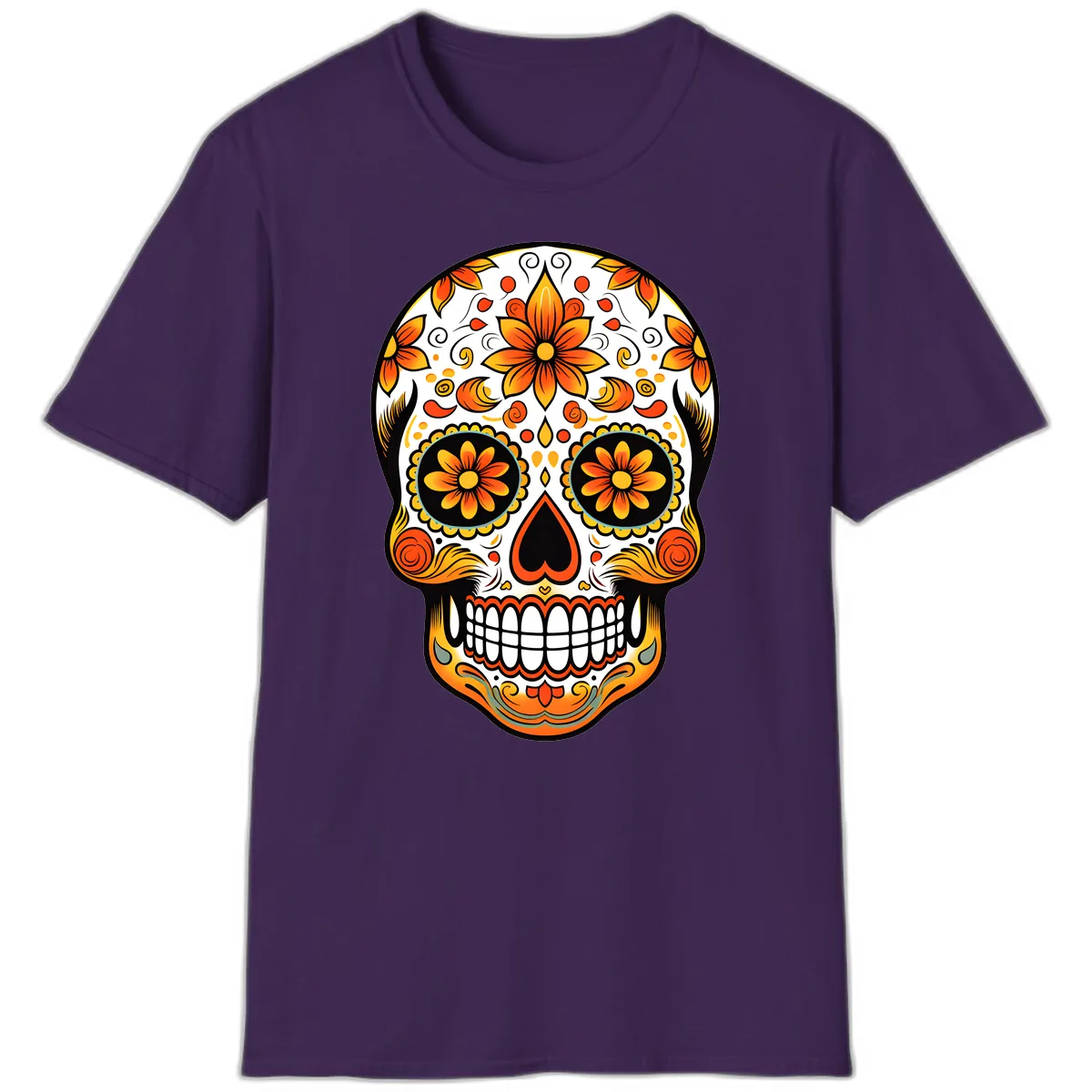 Ornate Marigold Sugar Skull Calavera T-Shirt in Purple