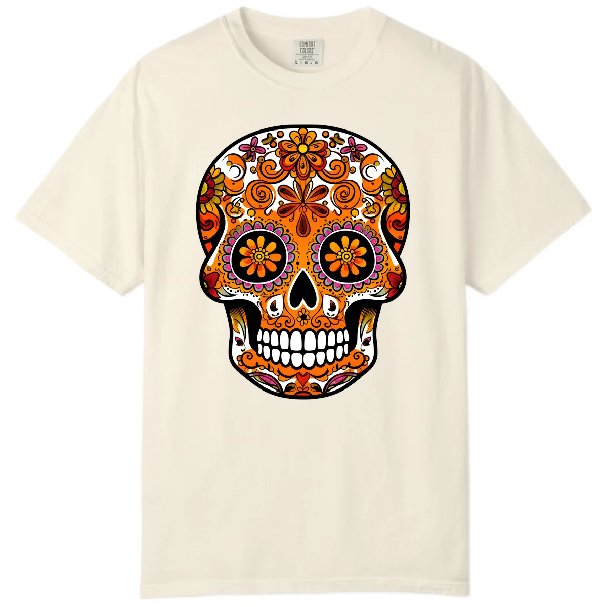 Intricate Floral Calavera Sugar Skull Design Comfort Color in Ivory