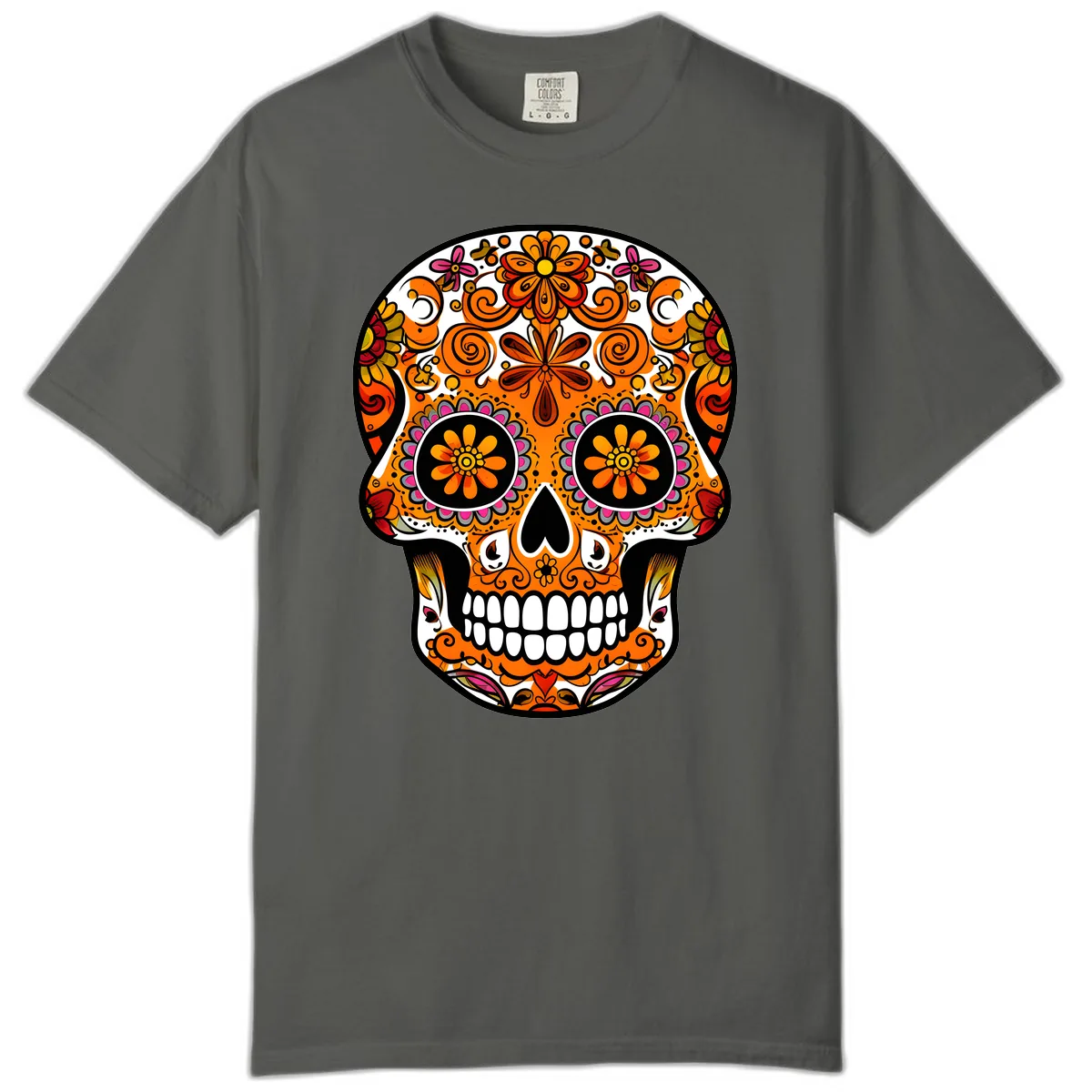 Intricate Floral Calavera Sugar Skull Design Comfort Color in Pepper