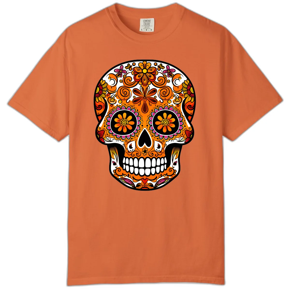 Intricate Floral Calavera Sugar Skull Design Comfort Color in Burnt Orange