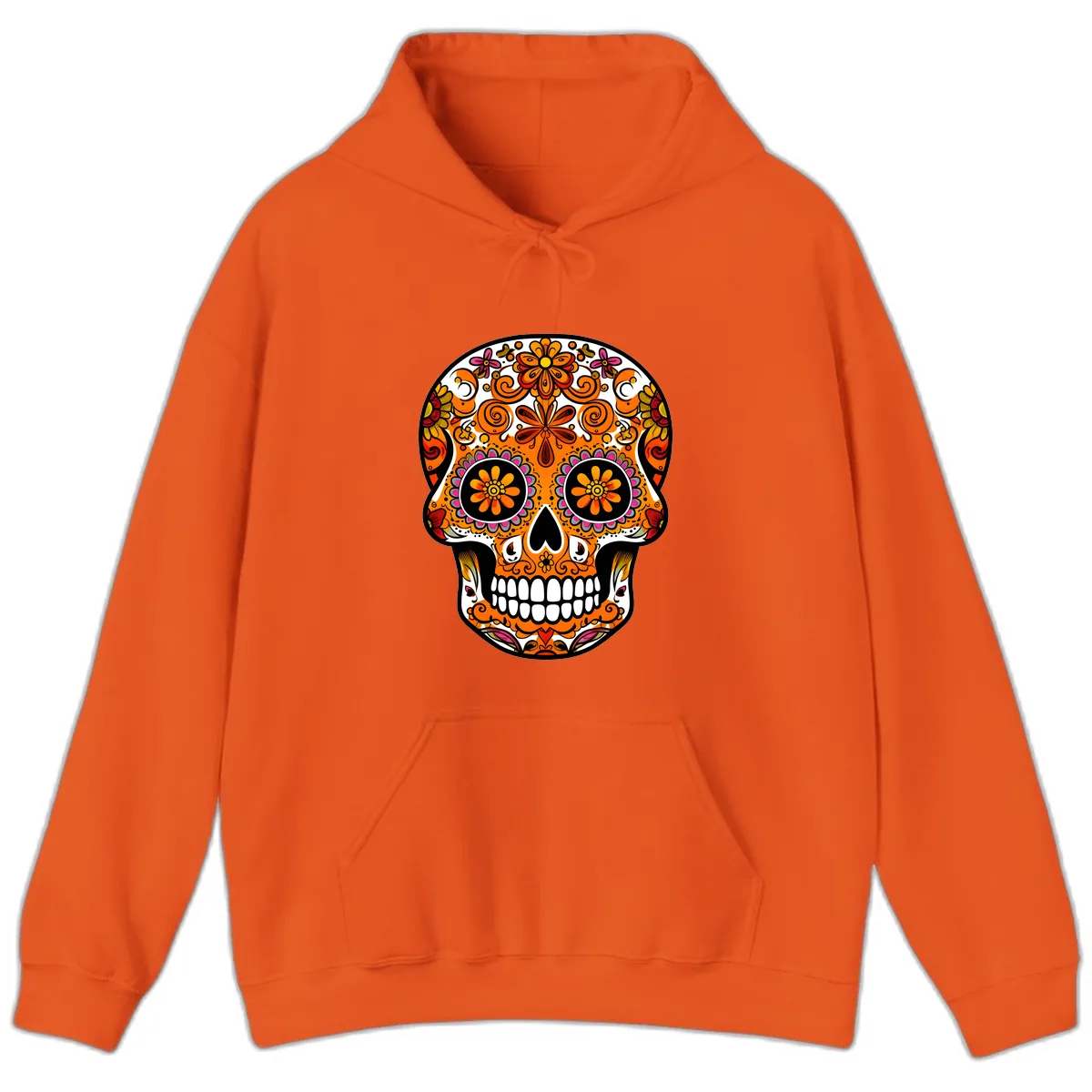Intricate Floral Calavera Sugar Skull Design Hoodie in Orange