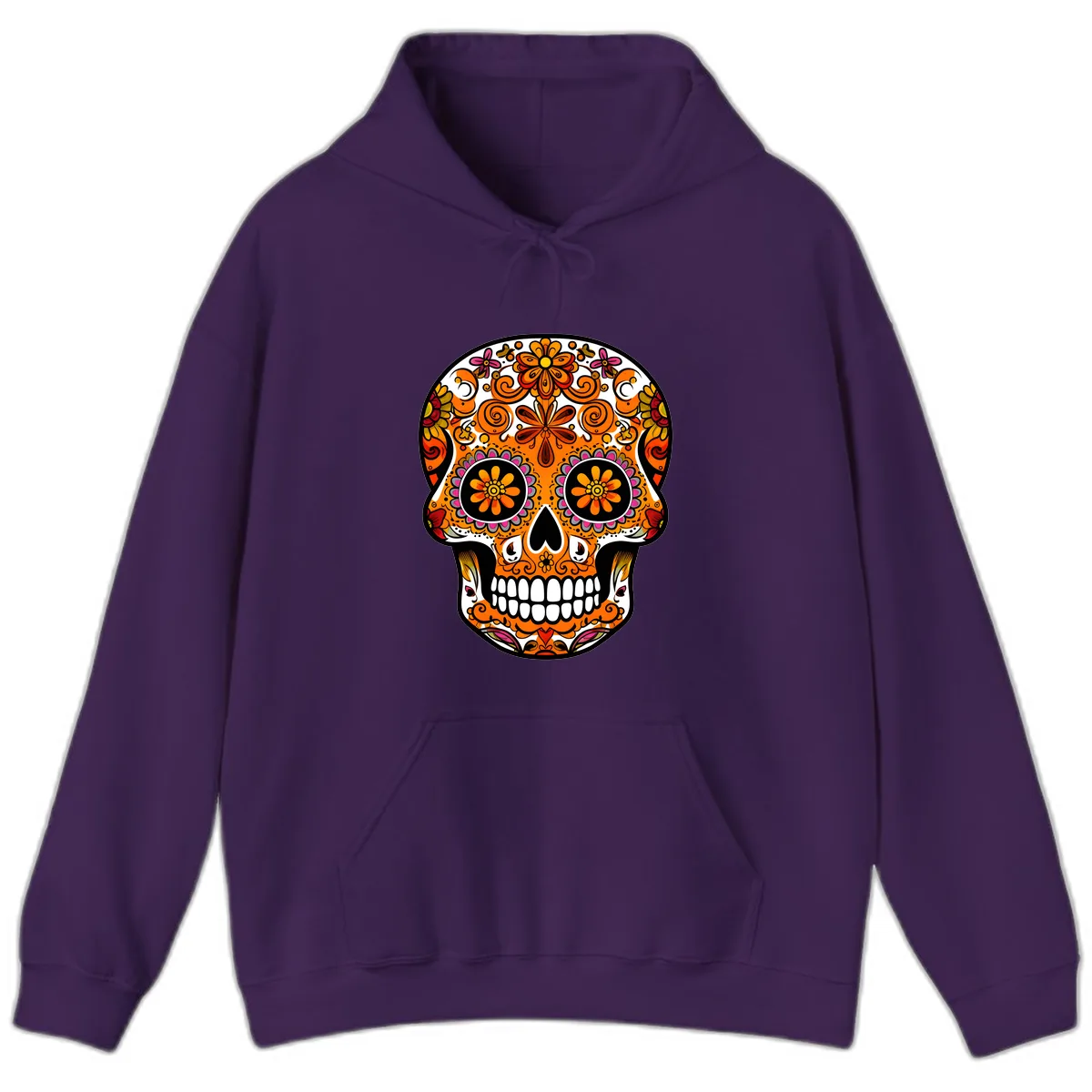 Intricate Floral Calavera Sugar Skull Design Hoodie in Purple