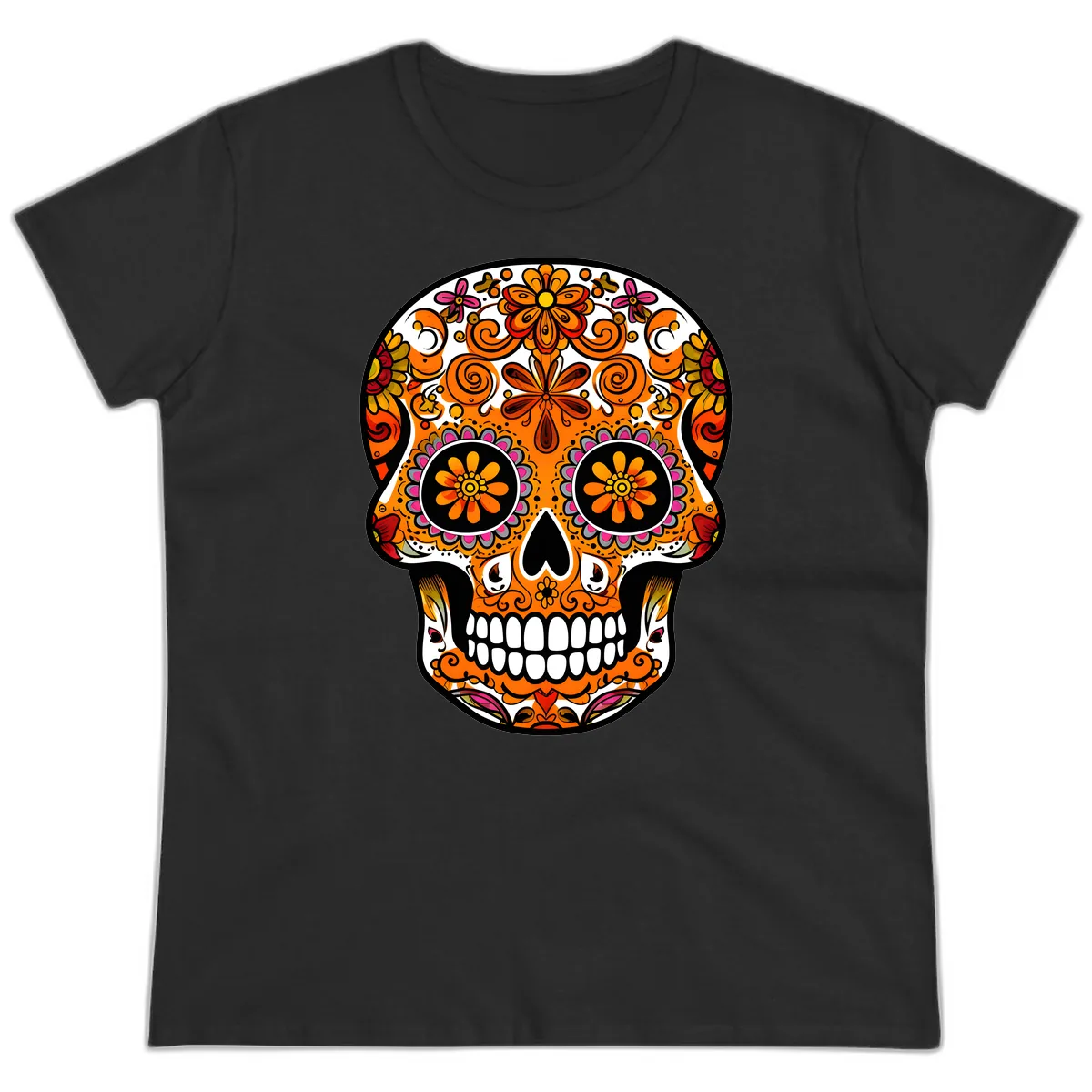 Intricate Floral Calavera Sugar Skull Design Ladies Tee in Black