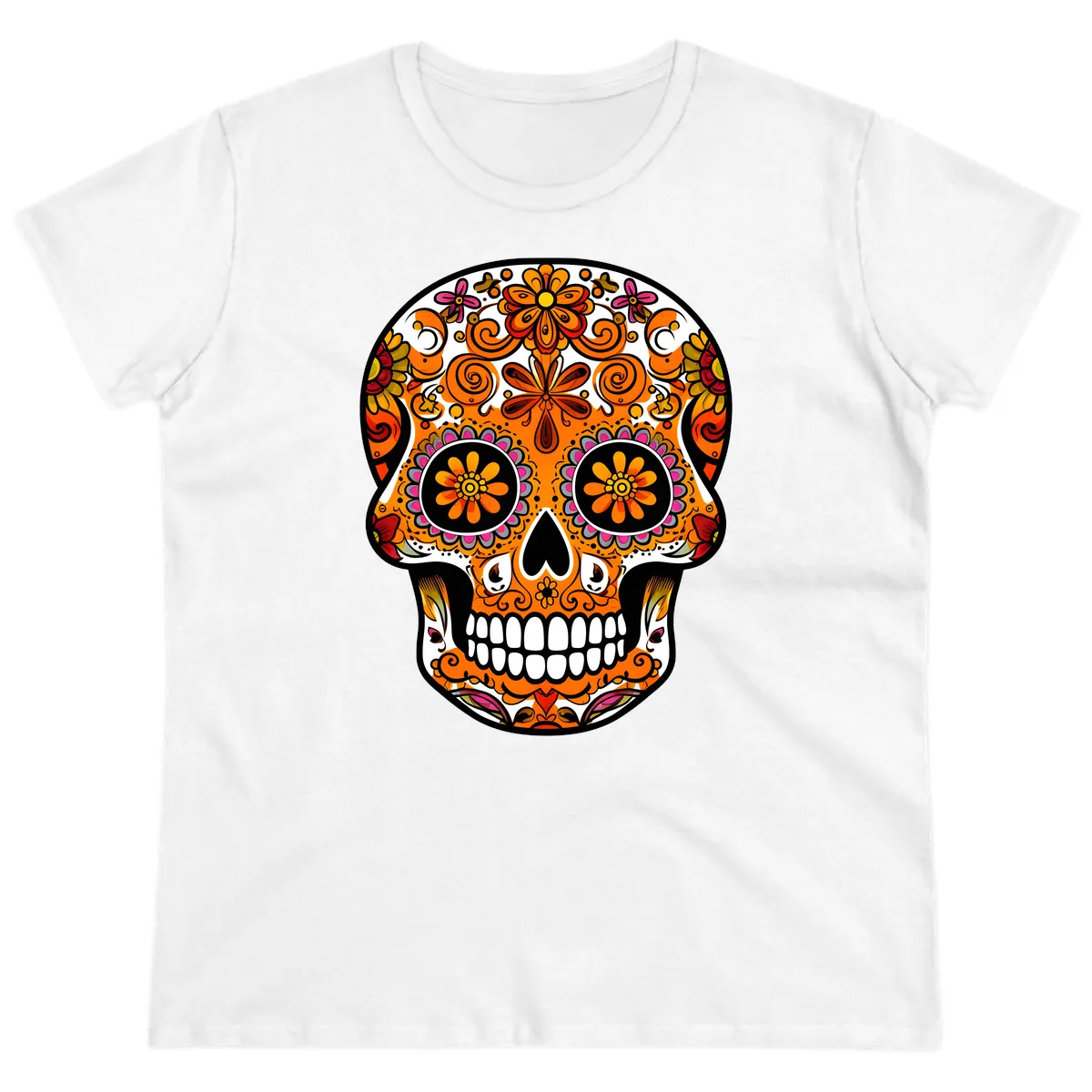 Intricate Floral Calavera Sugar Skull Design Ladies Tee in White