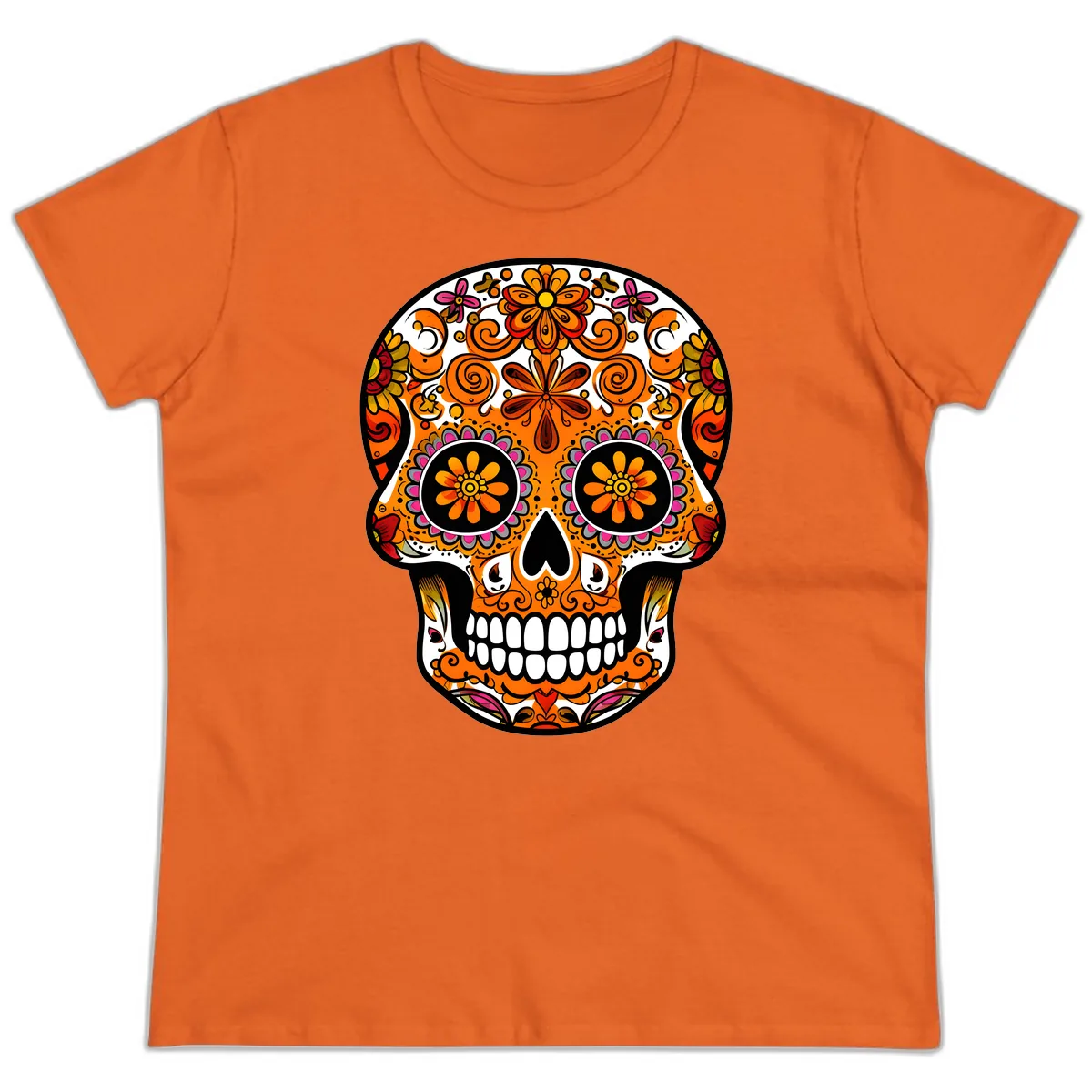 Intricate Floral Calavera Sugar Skull Design Ladies Tee in Orange