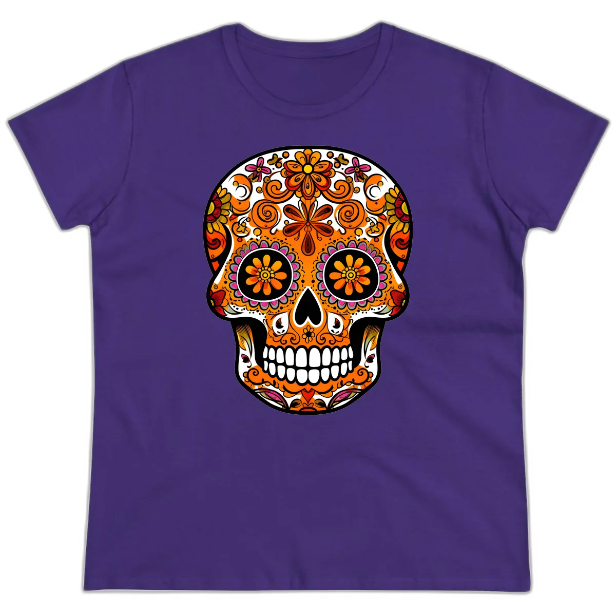 Intricate Floral Calavera Sugar Skull Design Ladies Tee in Purple