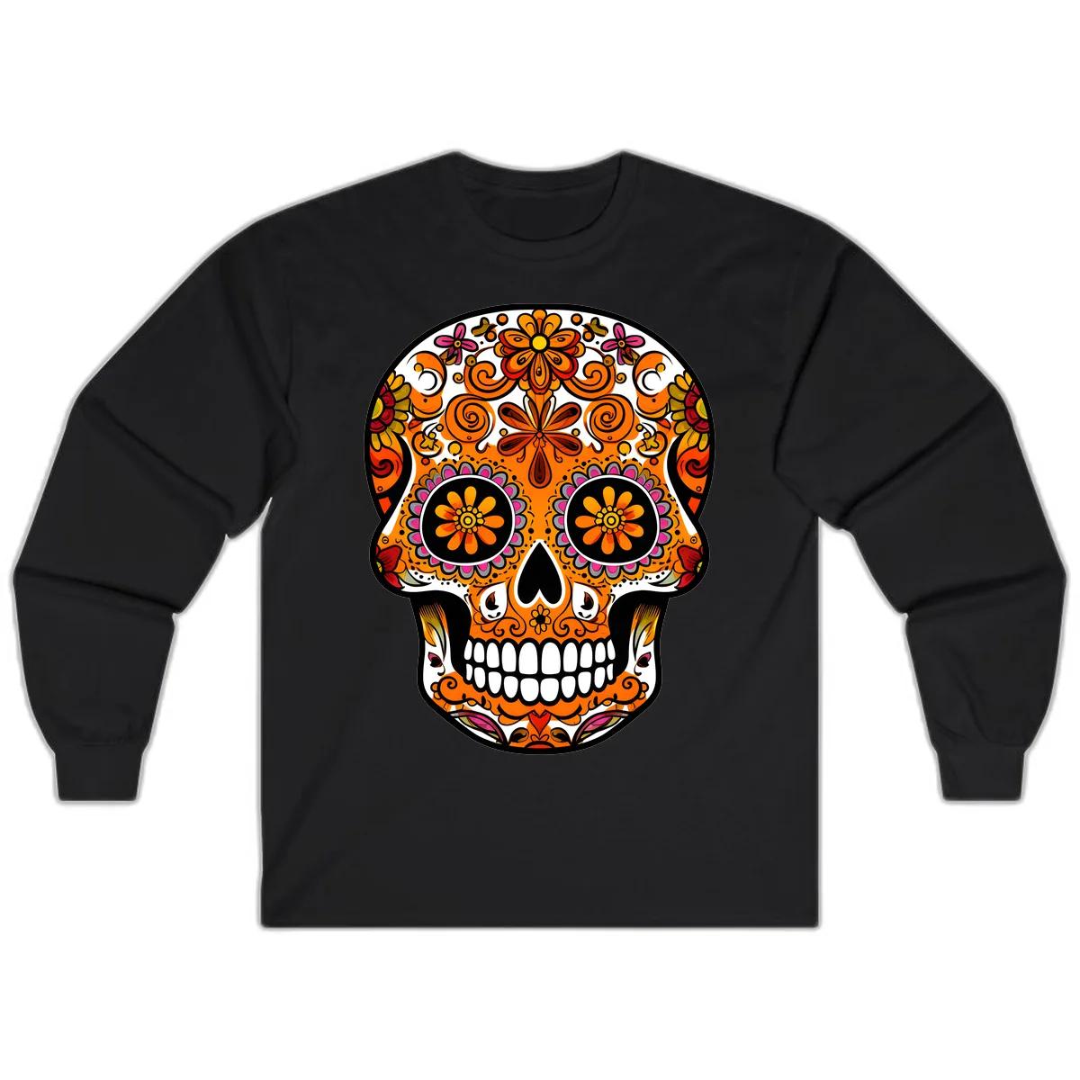 Intricate Floral Calavera Sugar Skull Design Long Sleeve in Black