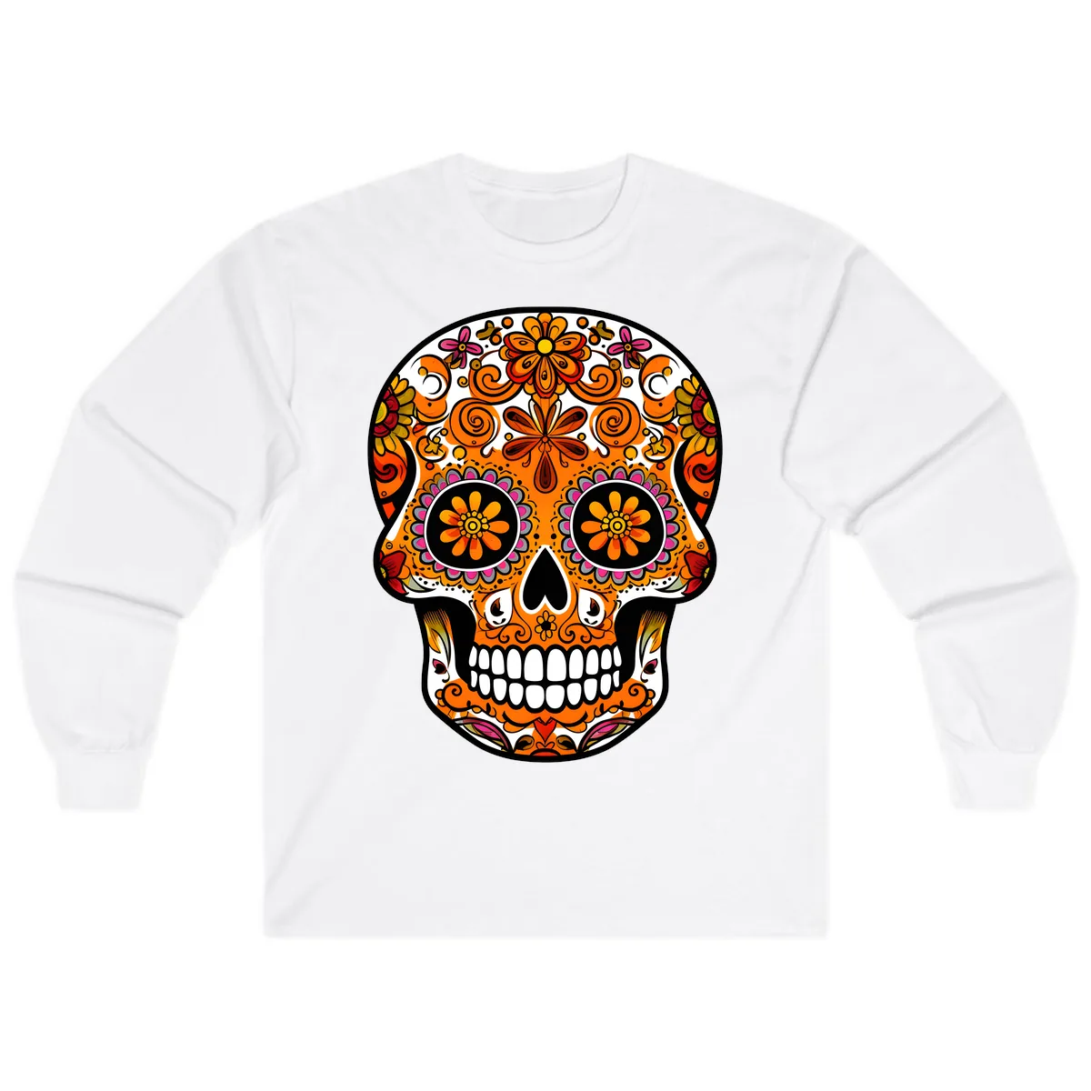 Intricate Floral Calavera Sugar Skull Design Long Sleeve in White