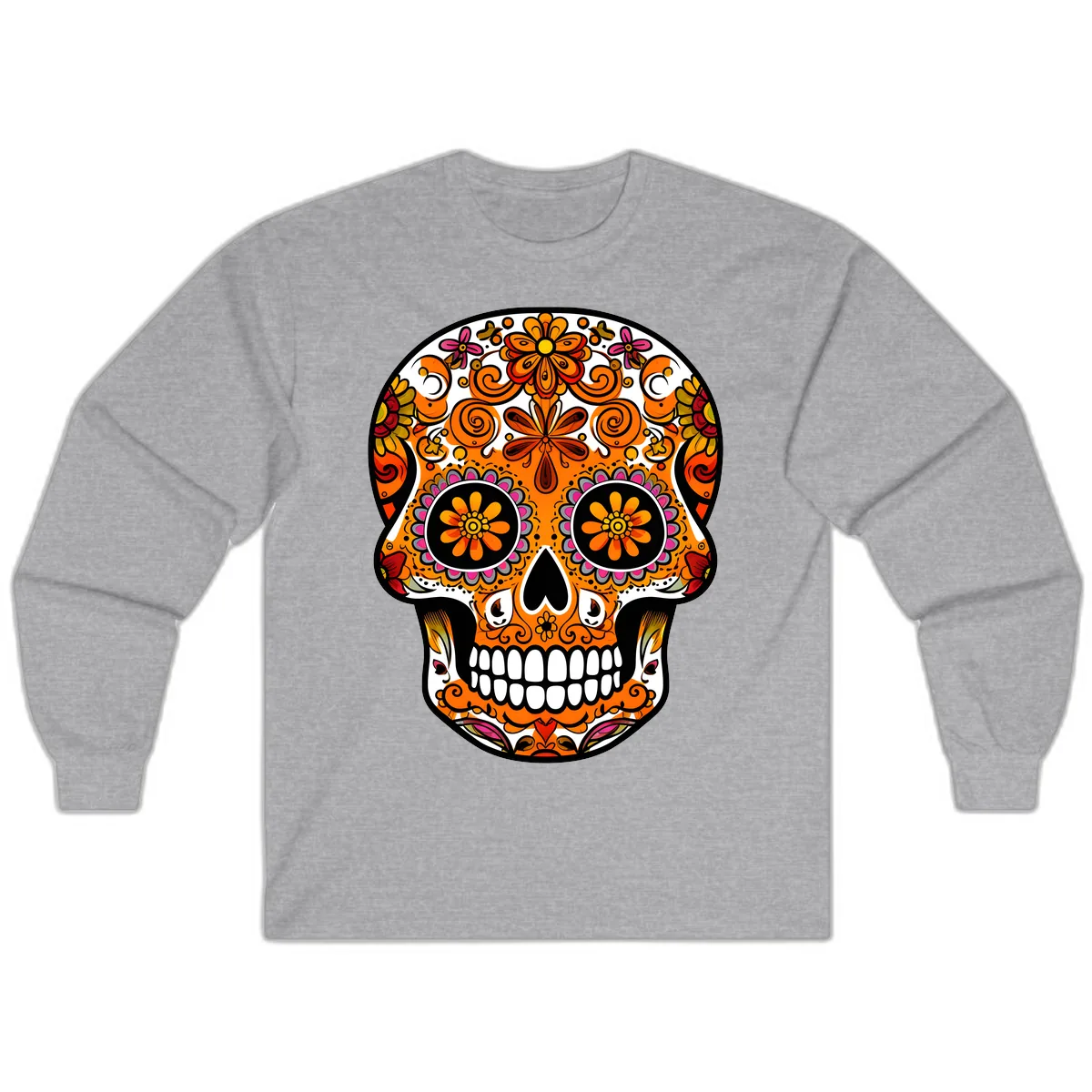 Intricate Floral Calavera Sugar Skull Design Long Sleeve in Sport Grey