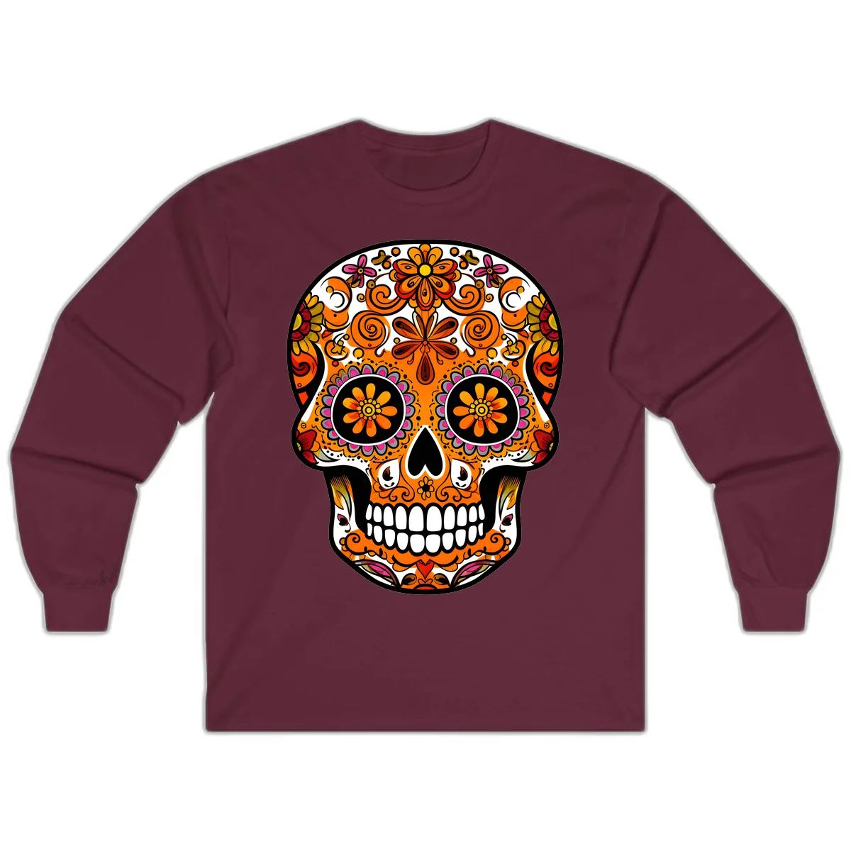 Intricate Floral Calavera Sugar Skull Design Long Sleeve in Maroon