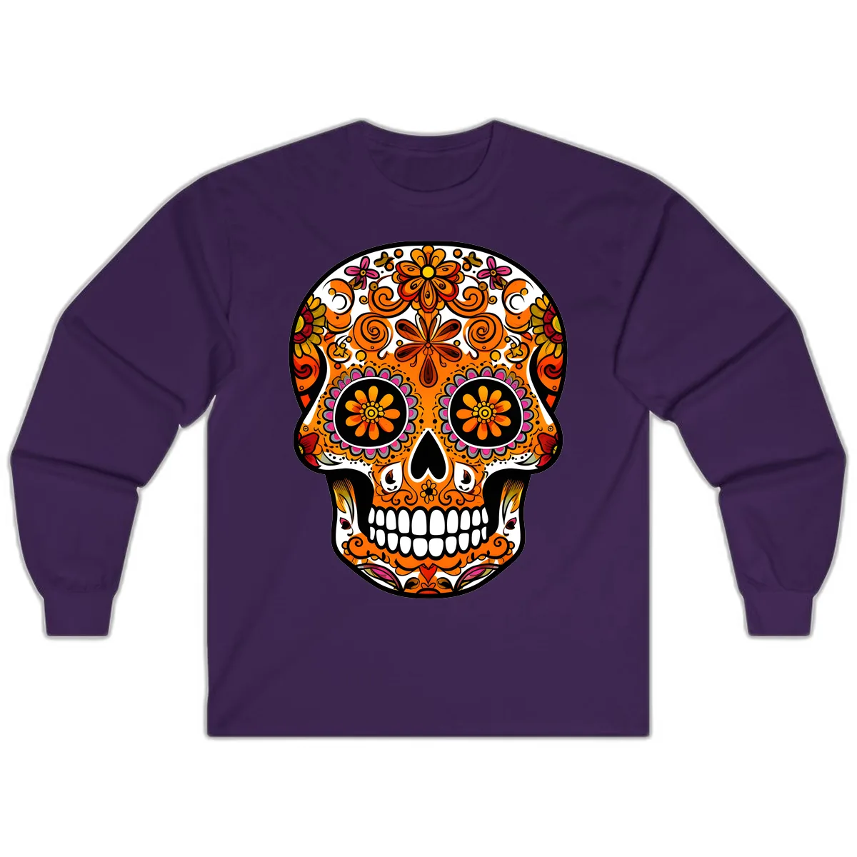 Intricate Floral Calavera Sugar Skull Design Long Sleeve in Purple