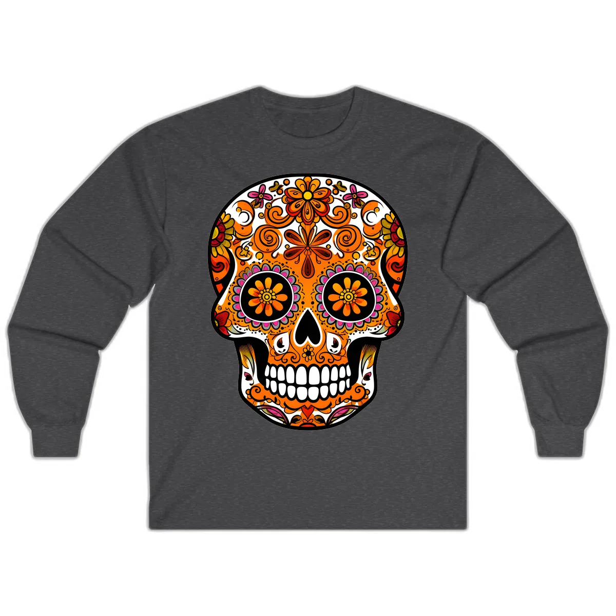 Intricate Floral Calavera Sugar Skull Design Long Sleeve in Dark Heather