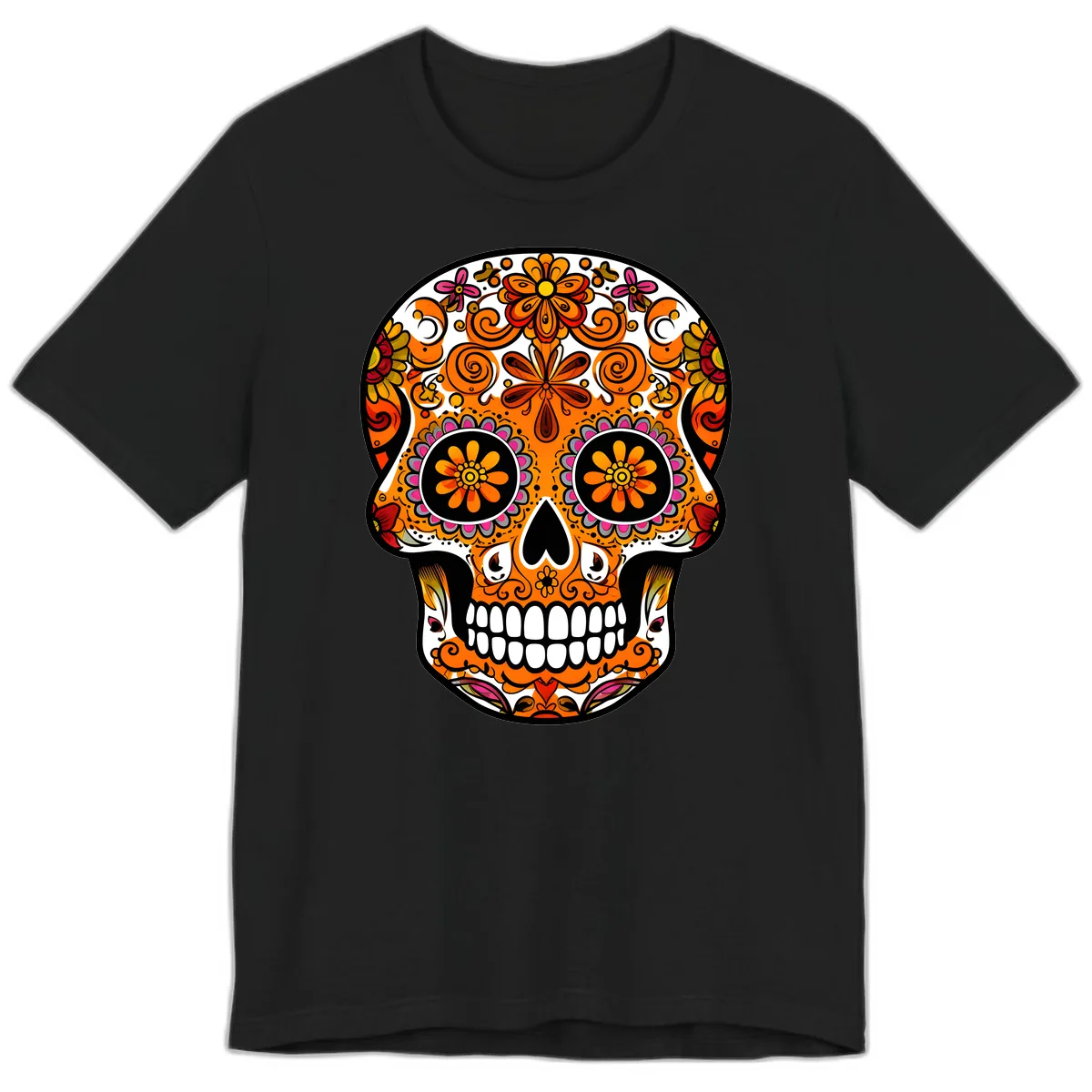 Intricate Floral Calavera Sugar Skull Design Premium T-Shirt in Black