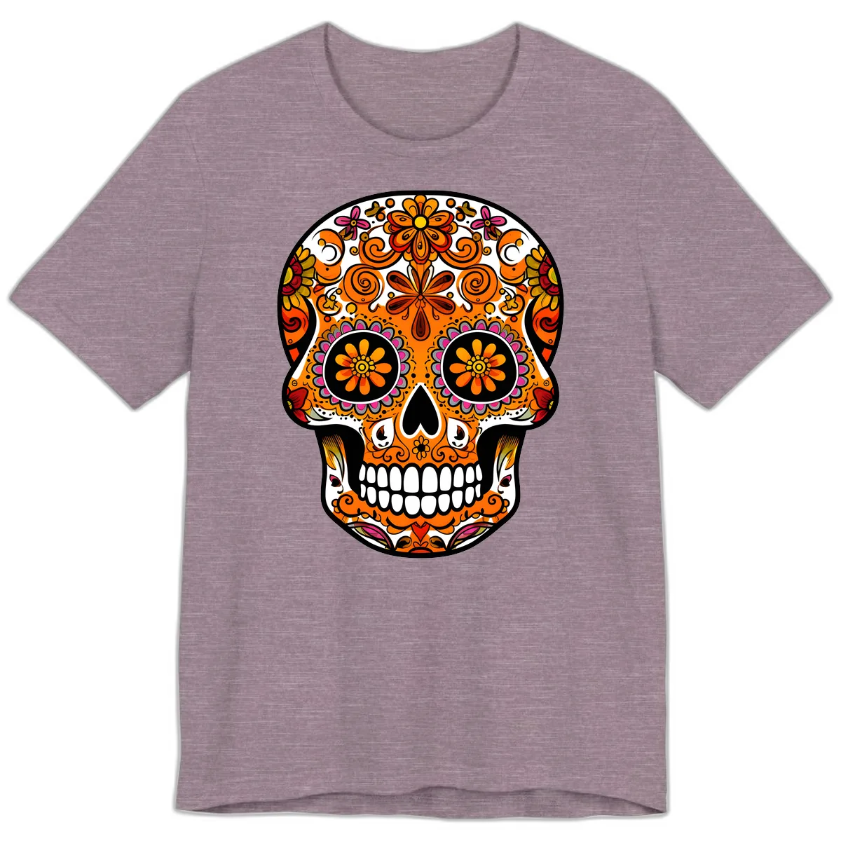 Intricate Floral Calavera Sugar Skull Design Premium T-Shirt in Heather Purple