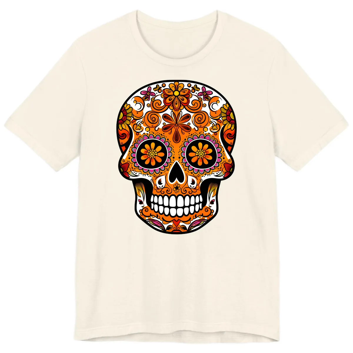 Intricate Floral Calavera Sugar Skull Design Premium T-Shirt in Natural