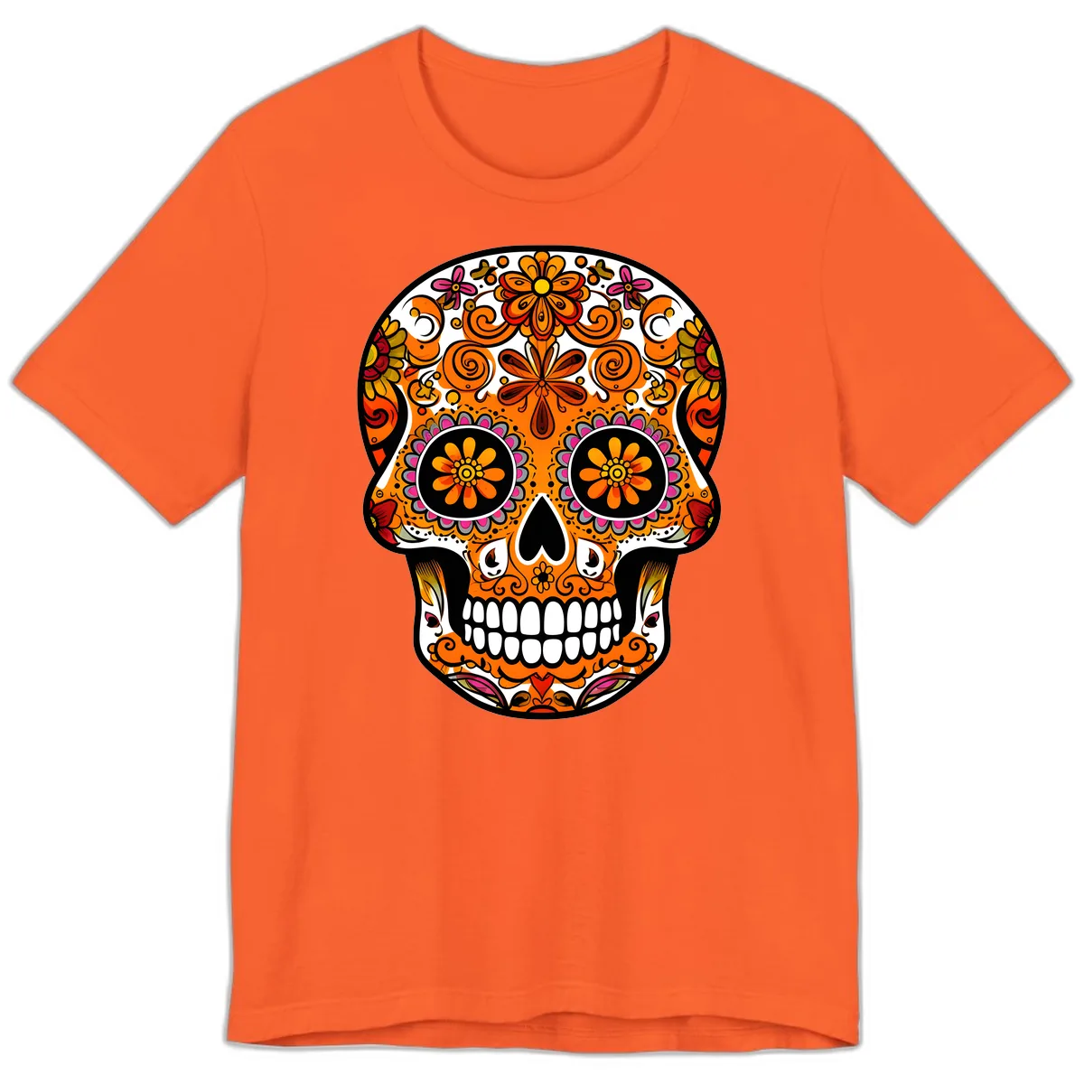 Intricate Floral Calavera Sugar Skull Design Premium T-Shirt in Orange