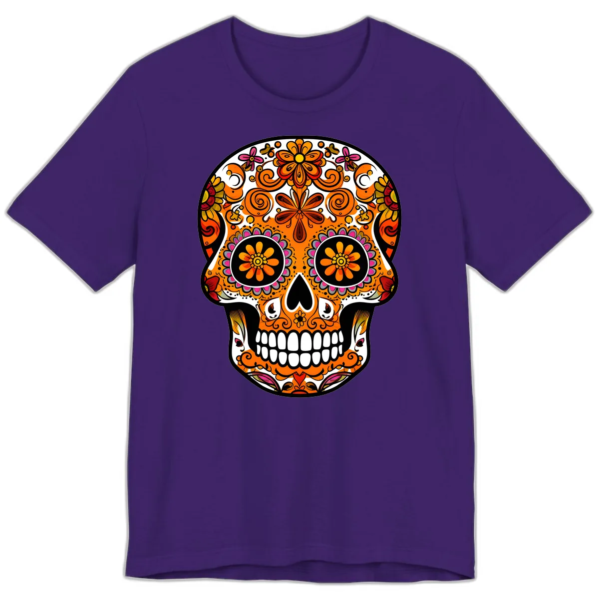 Intricate Floral Calavera Sugar Skull Design Premium T-Shirt in Team Purple