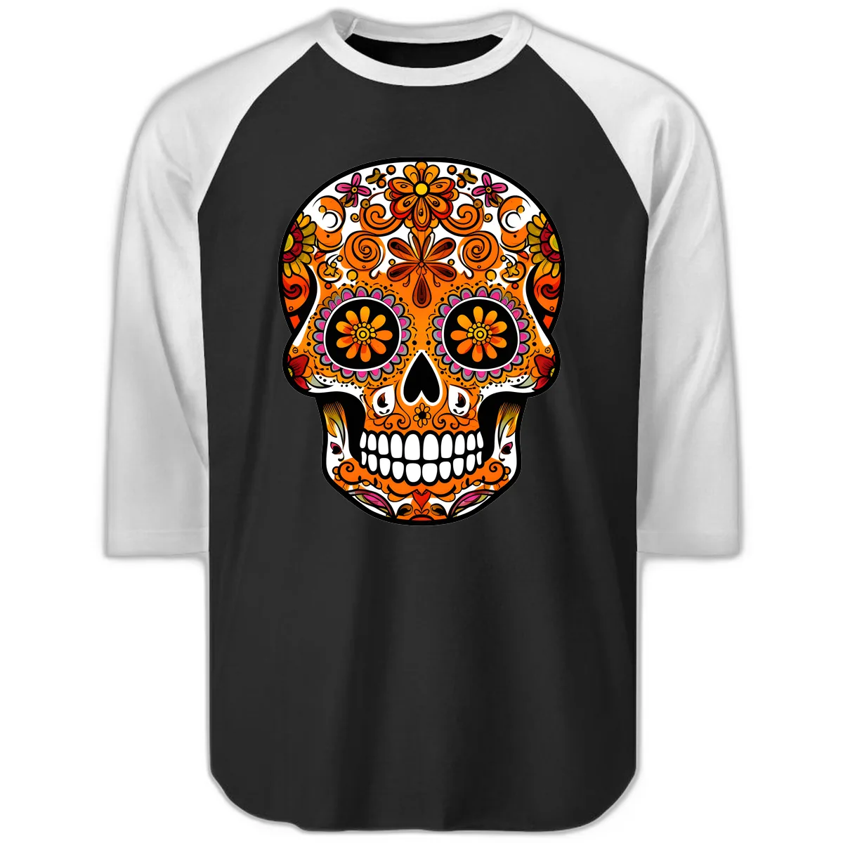 Intricate Floral Calavera Sugar Skull Design Raglan 3/4 in Black White