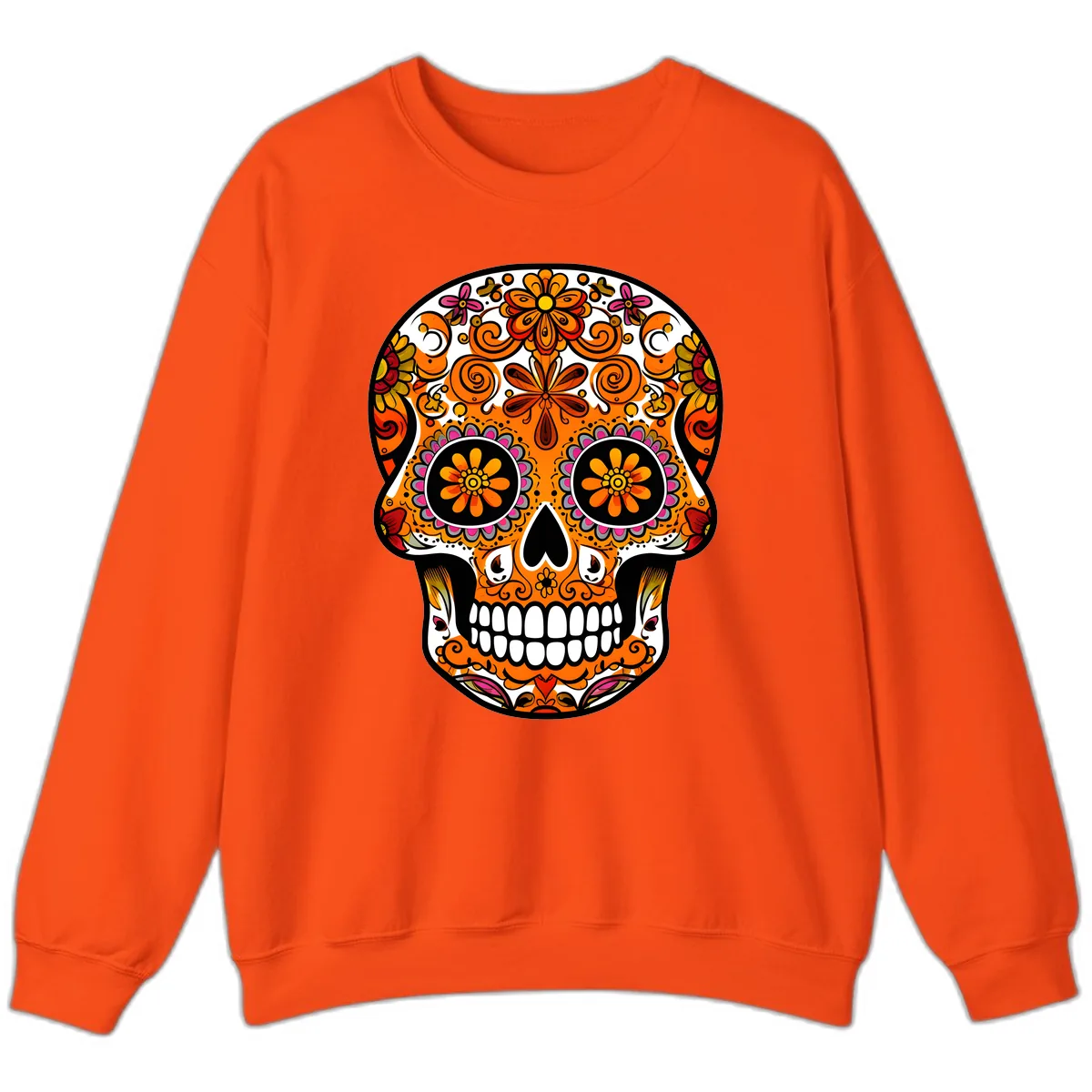 Intricate Floral Calavera Sugar Skull Design Sweatshirt in Orange