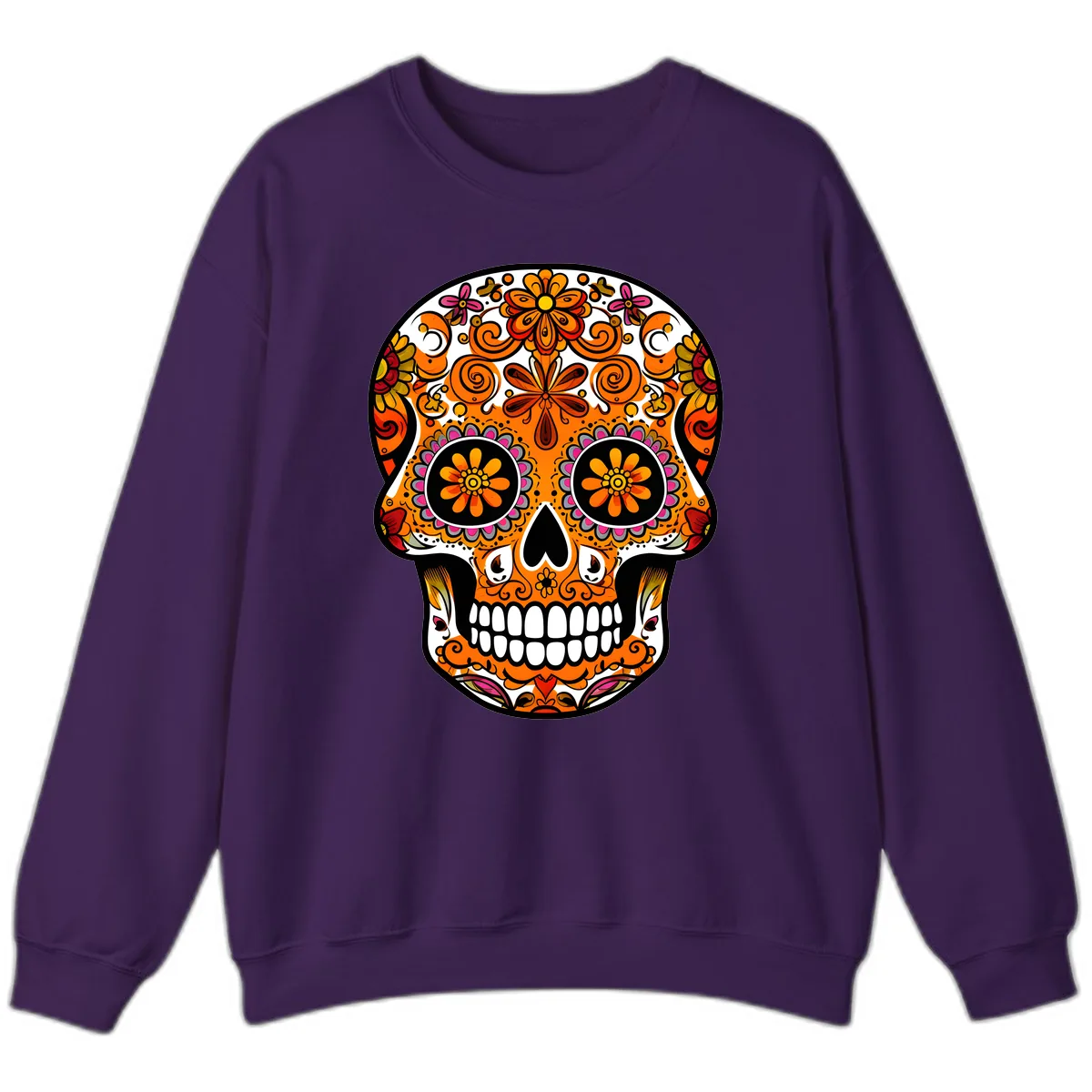 Intricate Floral Calavera Sugar Skull Design Sweatshirt in Purple