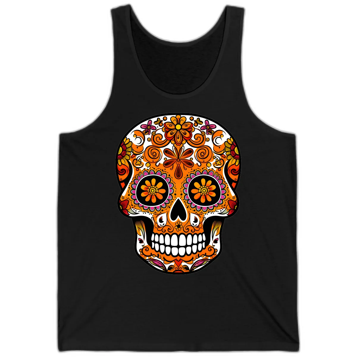 Intricate Floral Calavera Sugar Skull Design Tank in Black