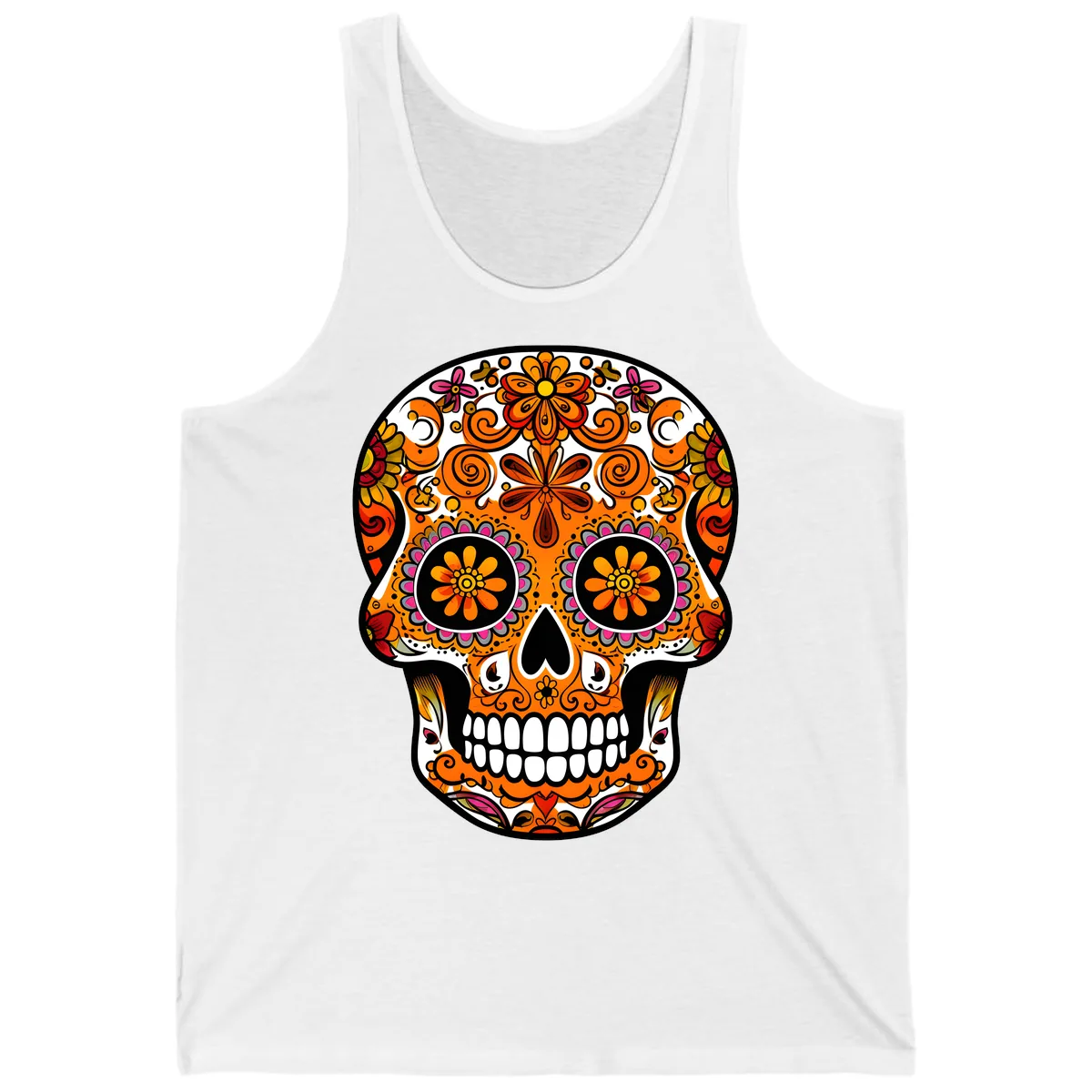 Intricate Floral Calavera Sugar Skull Design Tank in White