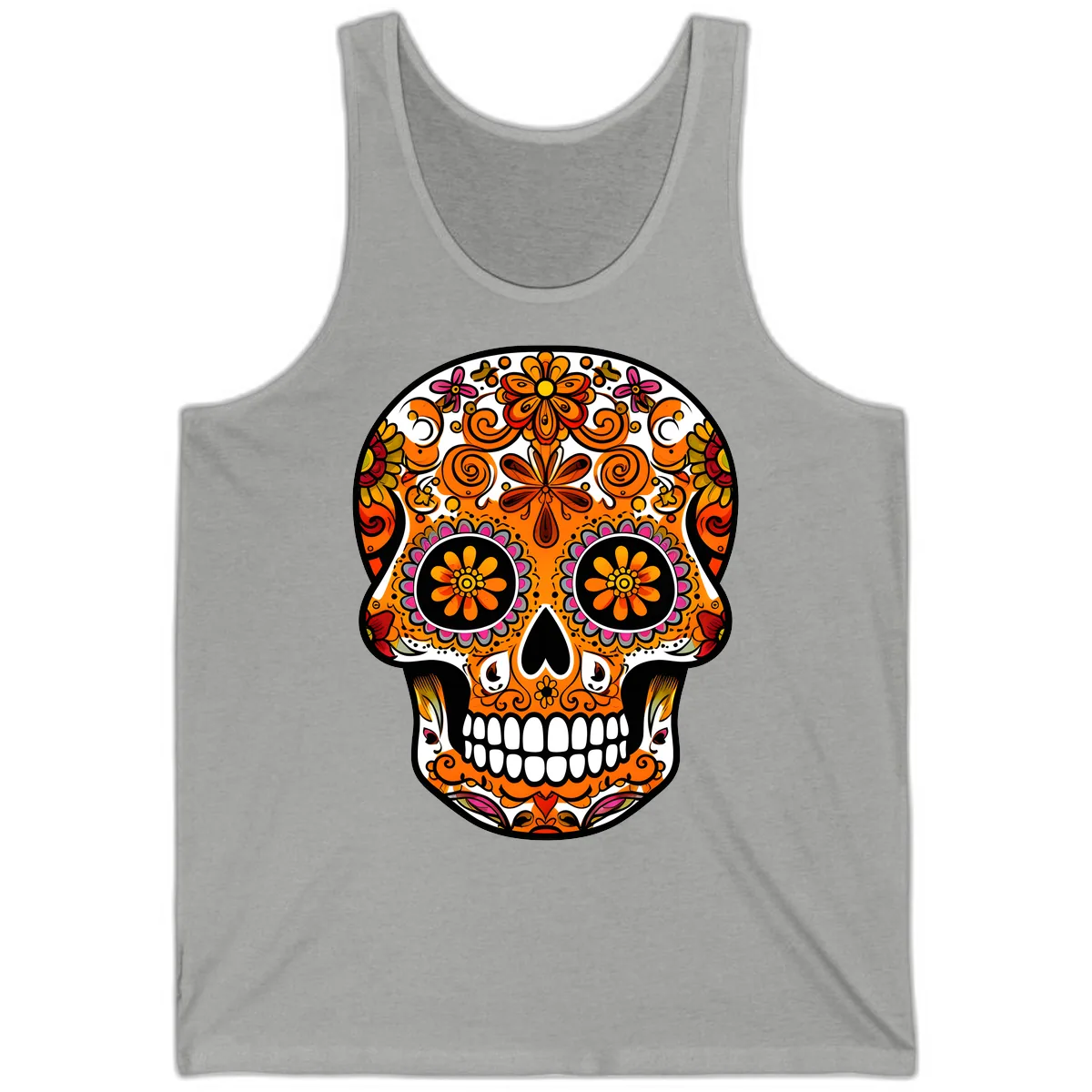 Intricate Floral Calavera Sugar Skull Design Tank in Athletic Heather