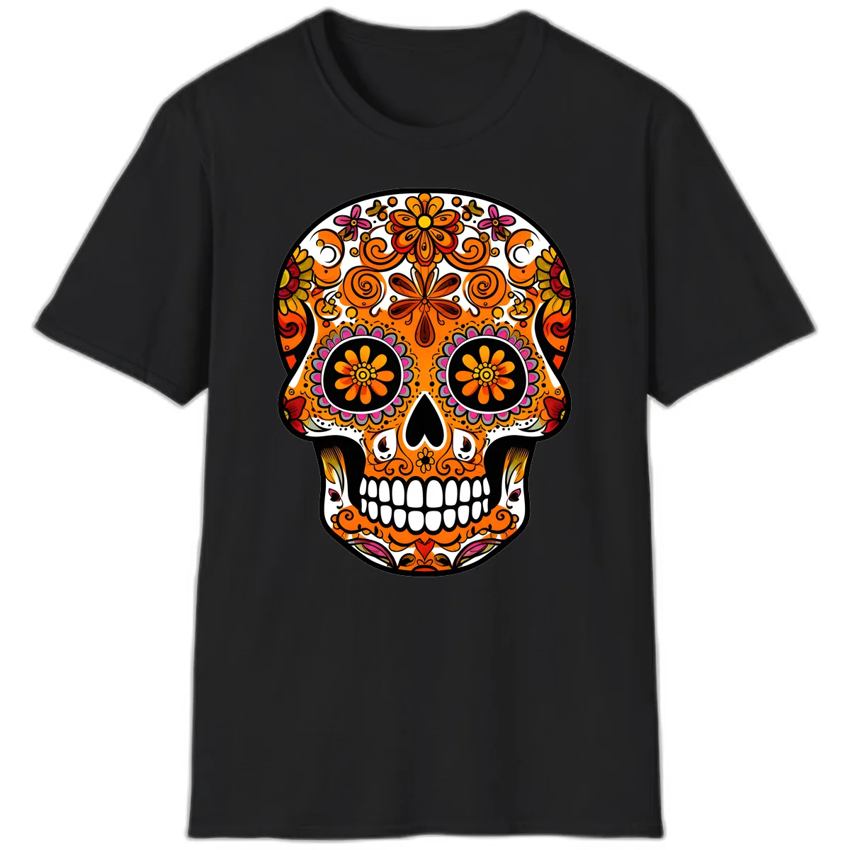 Intricate Floral Calavera Sugar Skull Design T-Shirt in Black