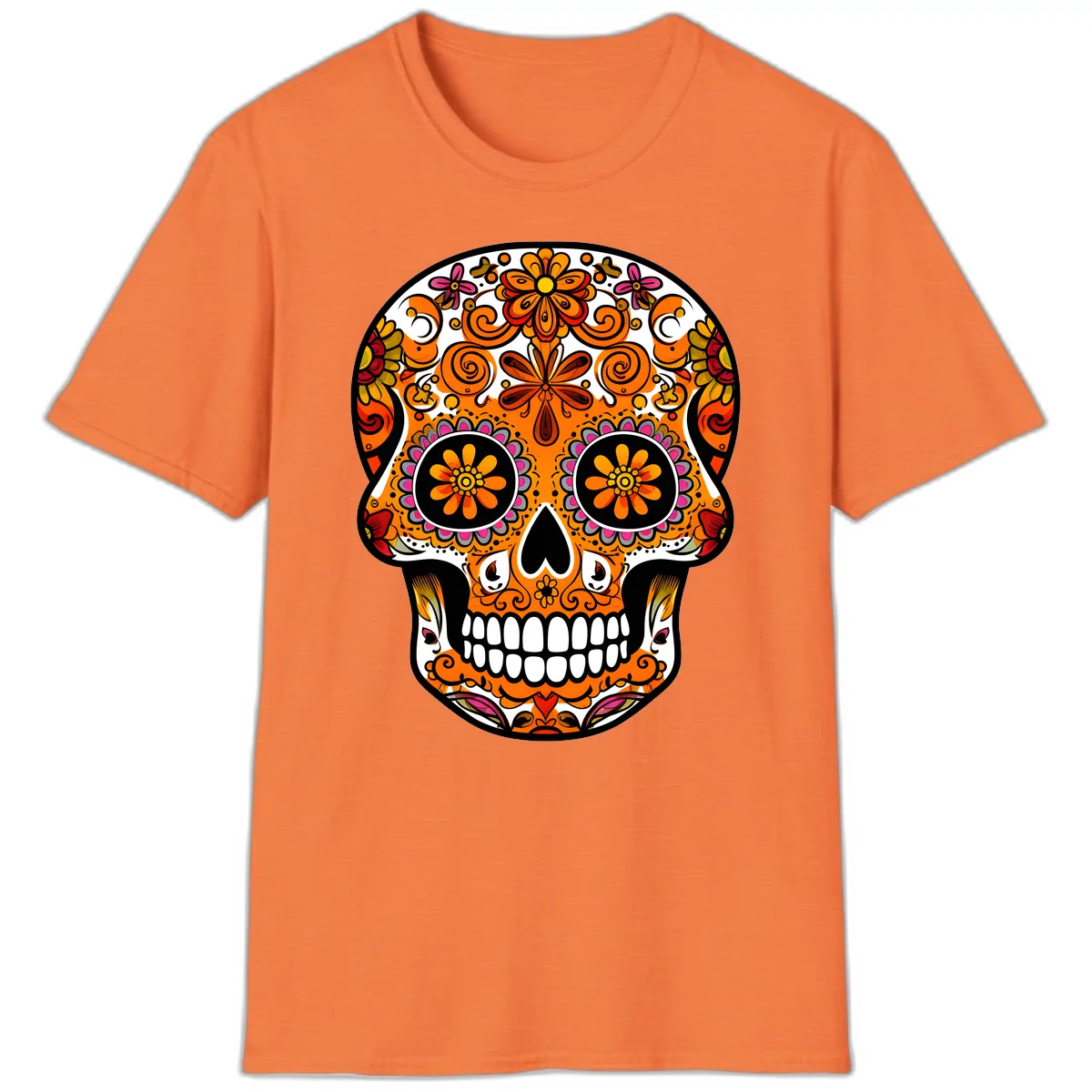 Intricate Floral Calavera Sugar Skull Design T-Shirt in Heather Orange