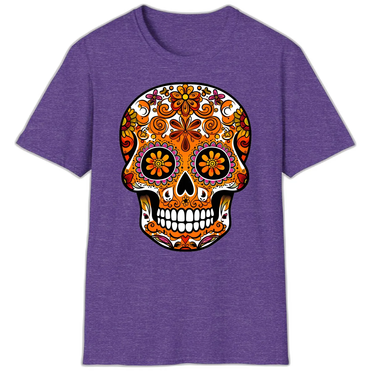 Intricate Floral Calavera Sugar Skull Design T-Shirt in Heather Purple