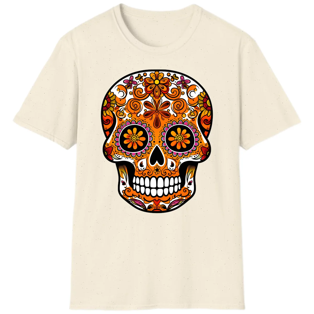 Intricate Floral Calavera Sugar Skull Design T-Shirt in Natural