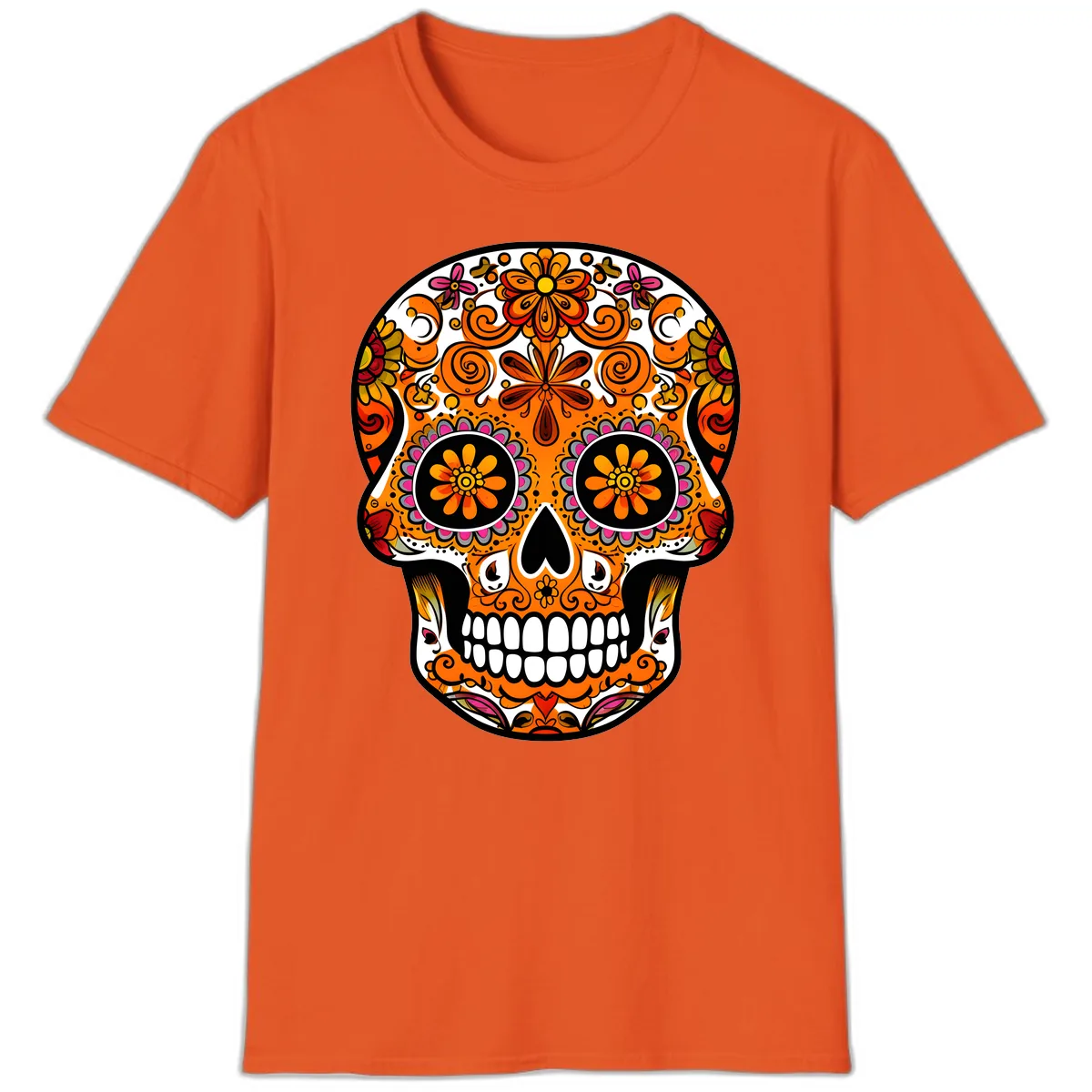 Intricate Floral Calavera Sugar Skull Design T-Shirt in Orange