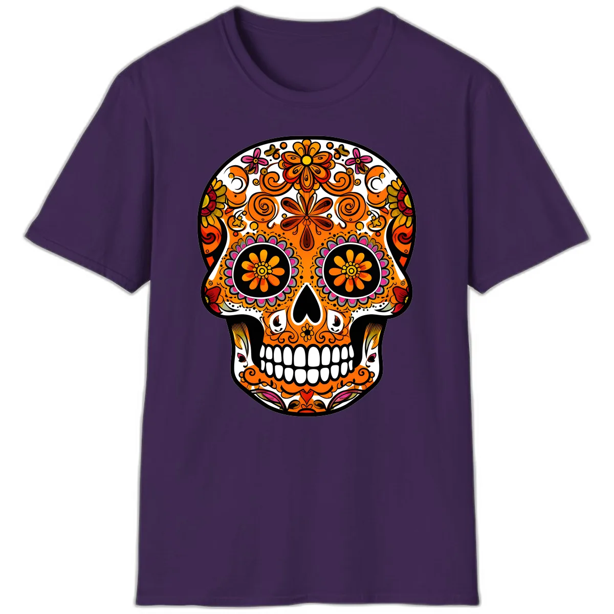 Intricate Floral Calavera Sugar Skull Design T-Shirt in Purple