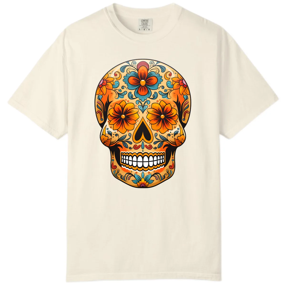 Vibrant Floral Sugar Skull Calavera Design Comfort Color in Ivory