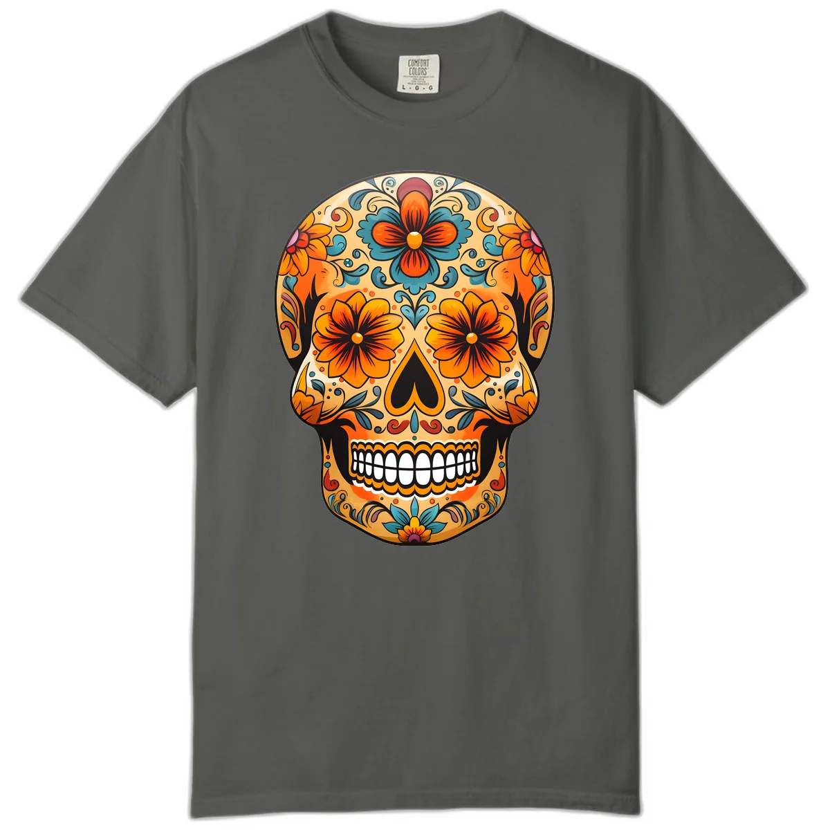 Vibrant Floral Sugar Skull Calavera Design Comfort Color in Pepper