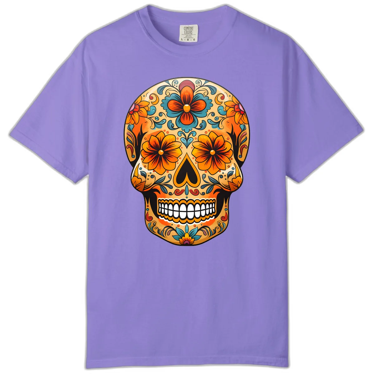 Vibrant Floral Sugar Skull Calavera Design Comfort Color in Violet