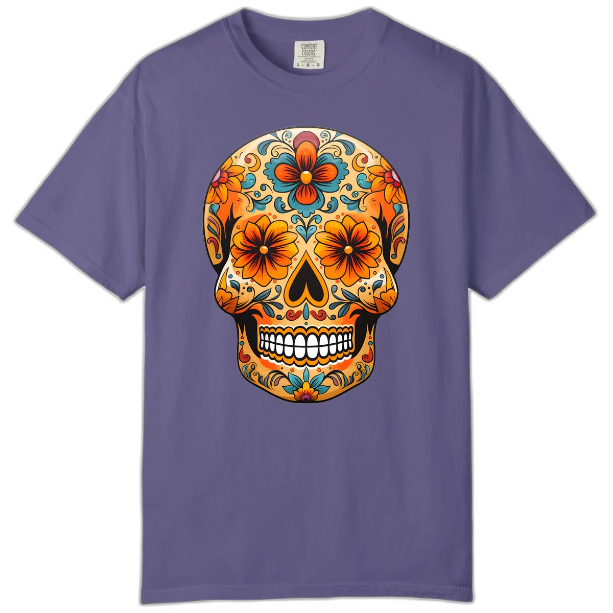 Vibrant Floral Sugar Skull Calavera Design Comfort Color in Grape