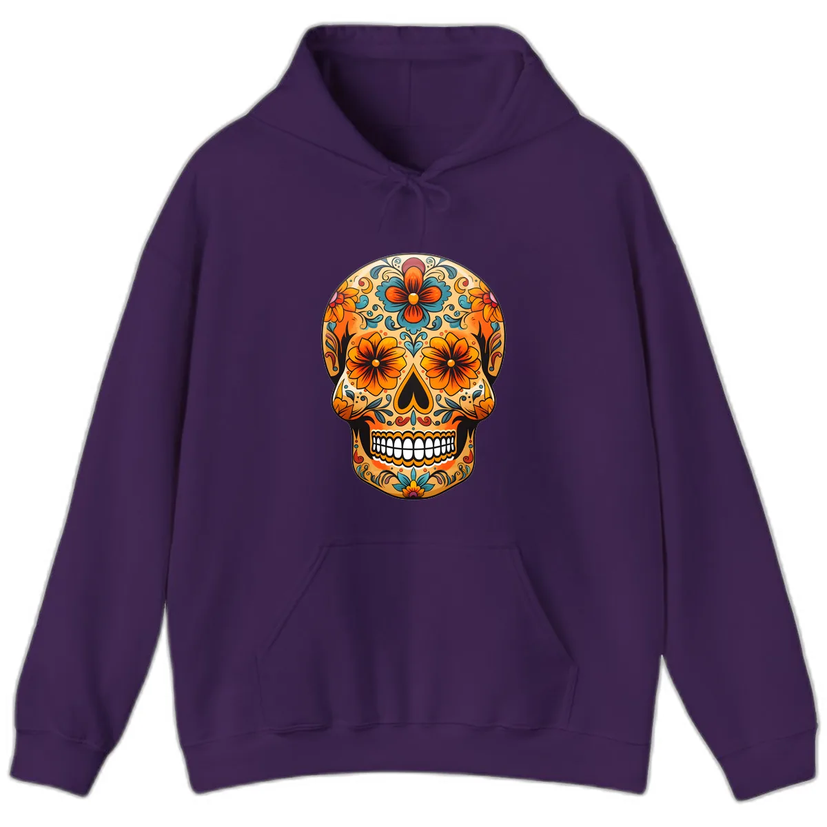 Vibrant Floral Sugar Skull Calavera Design Hoodie in Purple