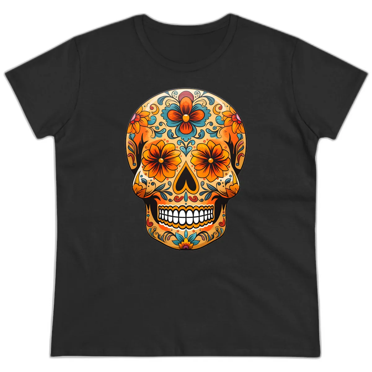 Vibrant Floral Sugar Skull Calavera Design Ladies Tee in Black
