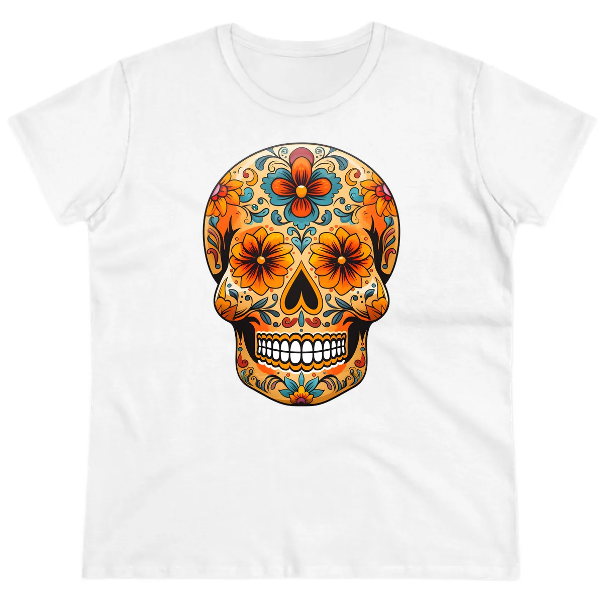 Vibrant Floral Sugar Skull Calavera Design Ladies Tee in White