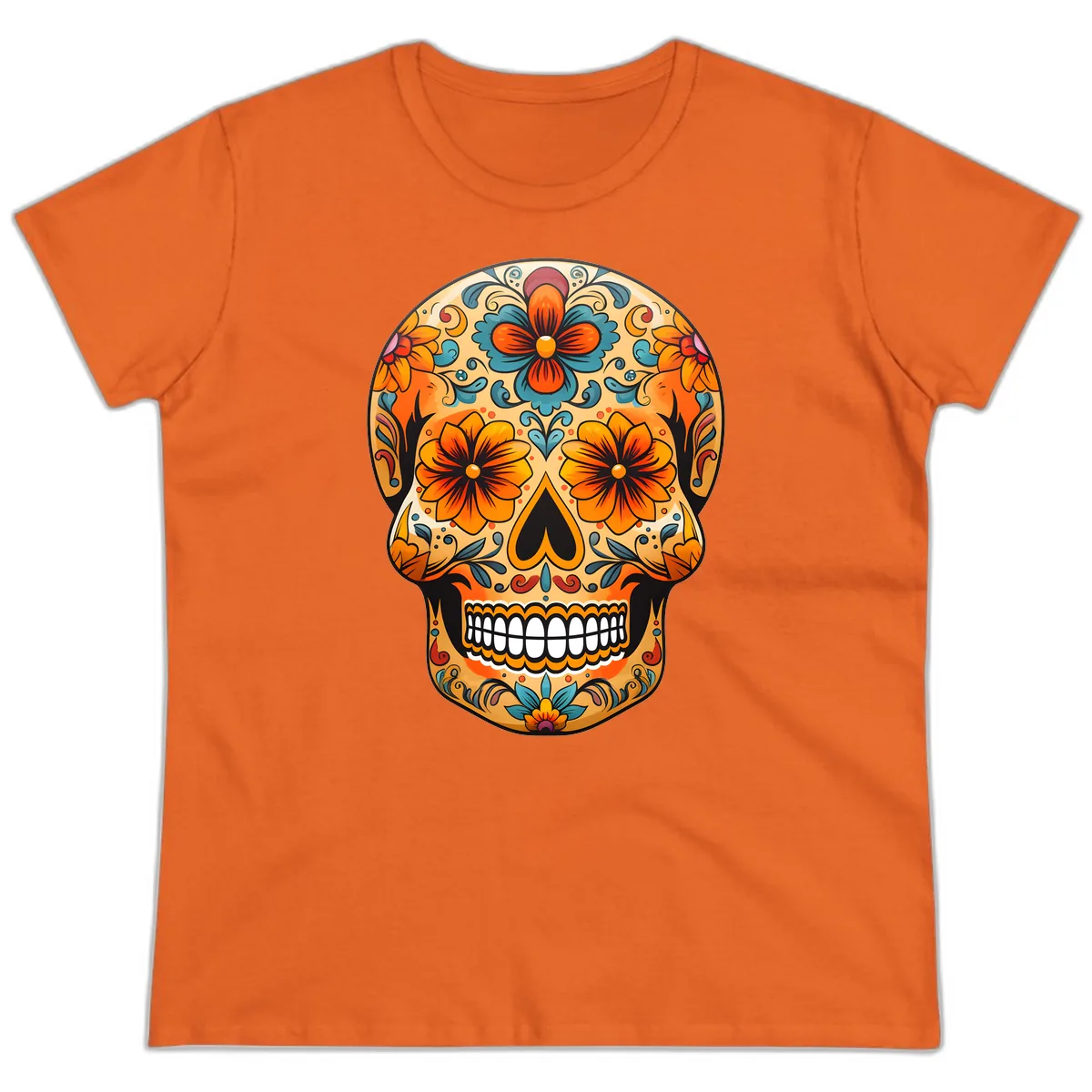Vibrant Floral Sugar Skull Calavera Design Ladies Tee in Orange
