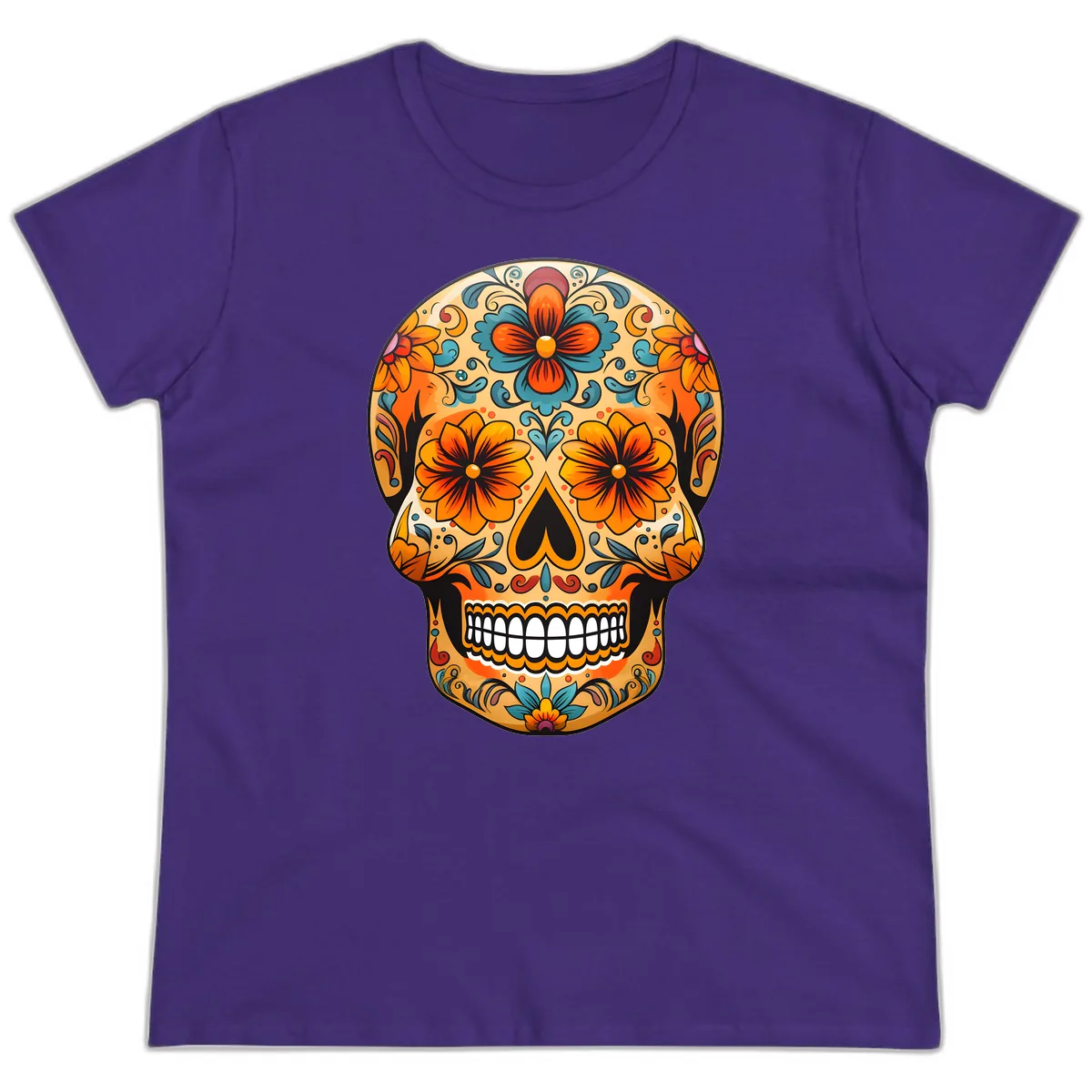Vibrant Floral Sugar Skull Calavera Design Ladies Tee in Purple
