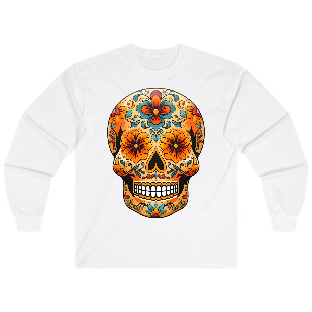 Vibrant Floral Sugar Skull Calavera Design Long Sleeve in White