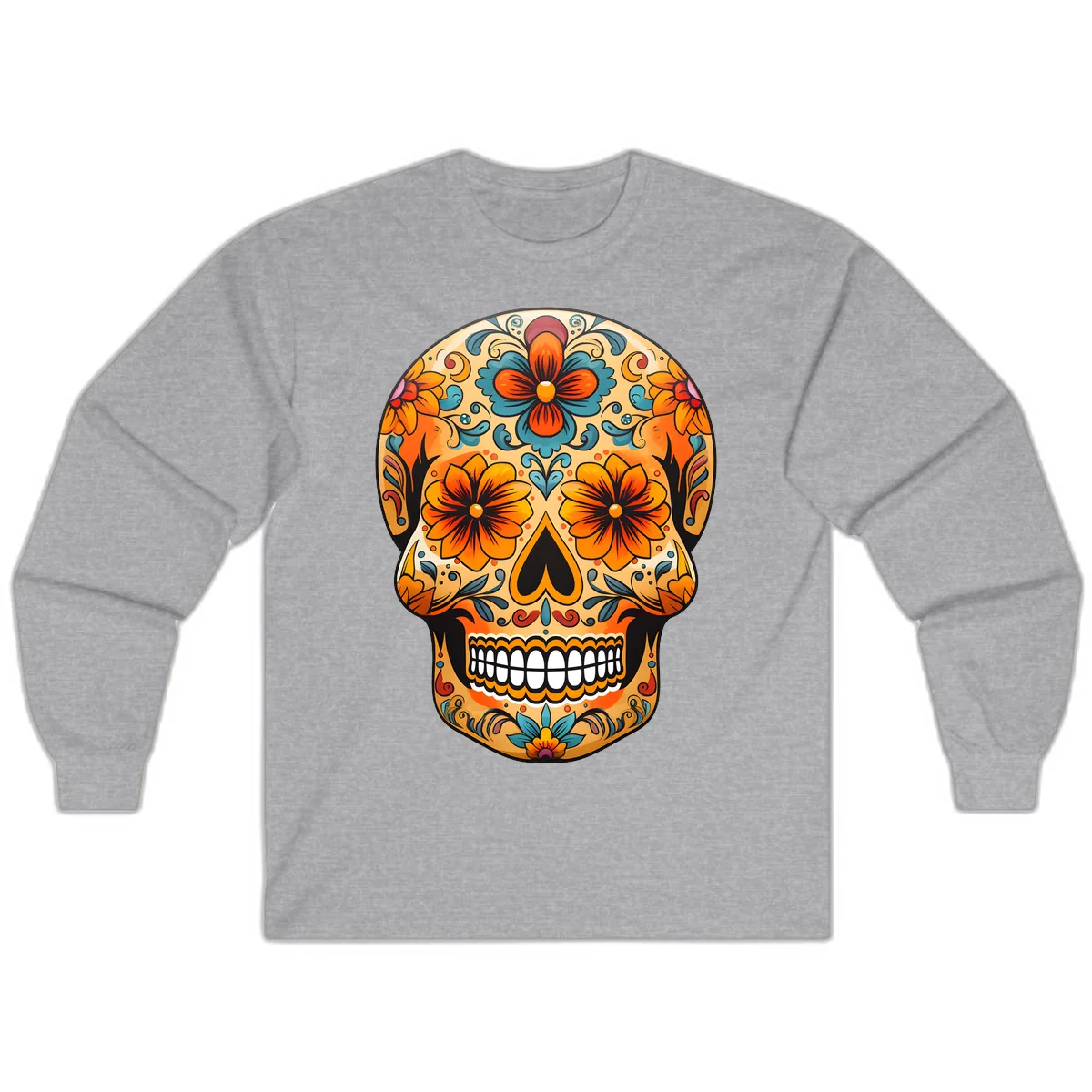 Vibrant Floral Sugar Skull Calavera Design Long Sleeve in Sport Grey